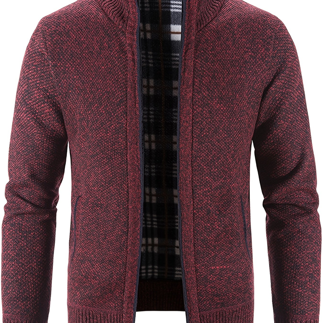 gbolsos Warm Stand Collar Fleece Jacket, Men's Semi-formal Comfortable Solid Color Zip Up Knitted Cardigan For Spring Fall