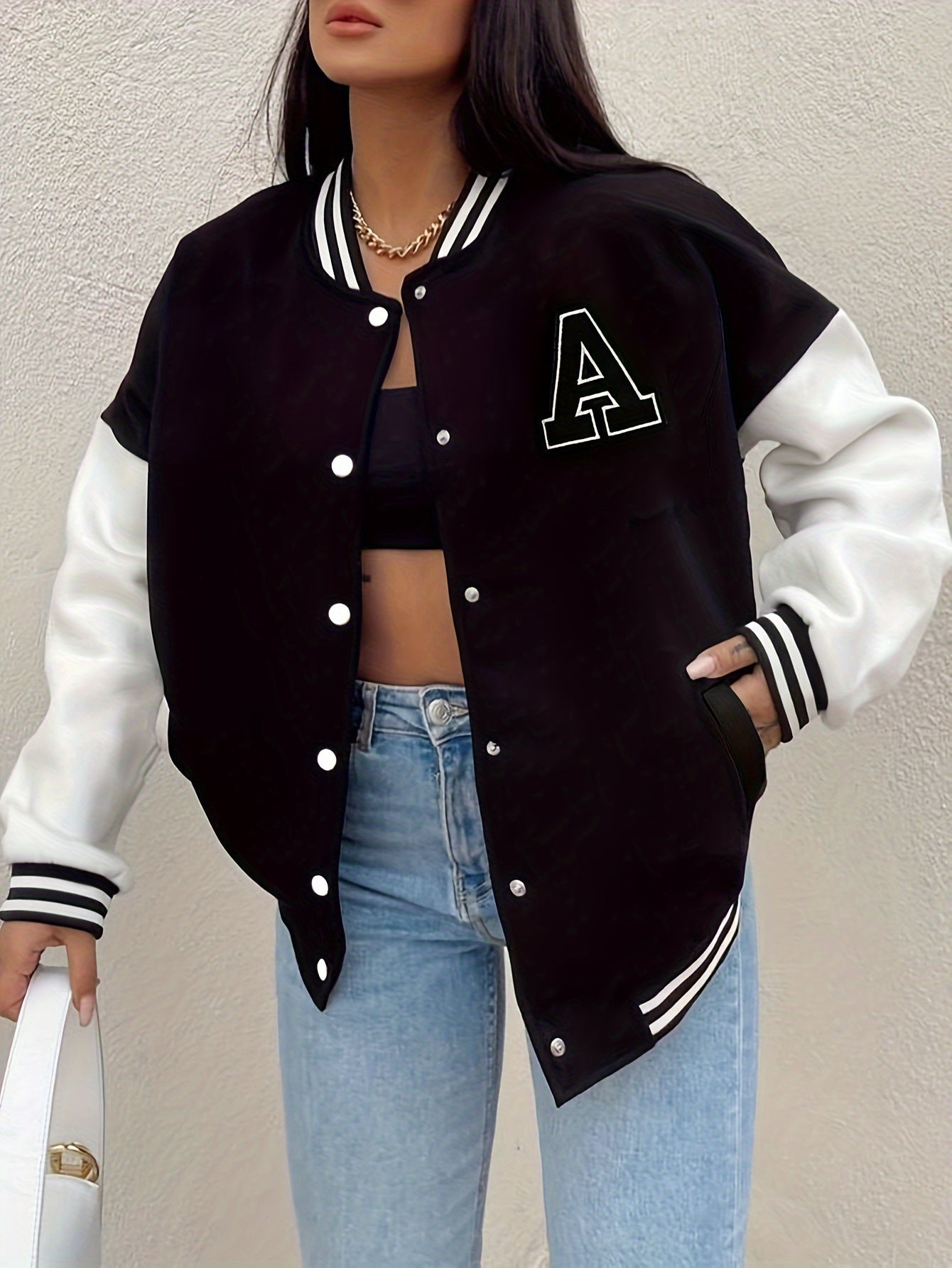 gbolsos Color Block Letter Print Bomber Jacket, Casual Crop Button Front Pockets Jacket, Women's Clothing