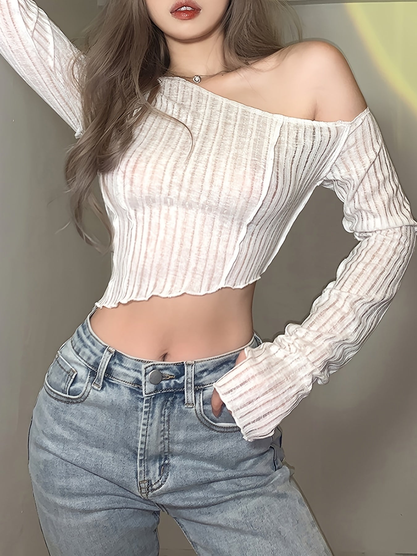 gbolsos Asymmetrical Slim T-shirt, Sexy Long Sleeve Ruched T-shirt, Women's Clothing