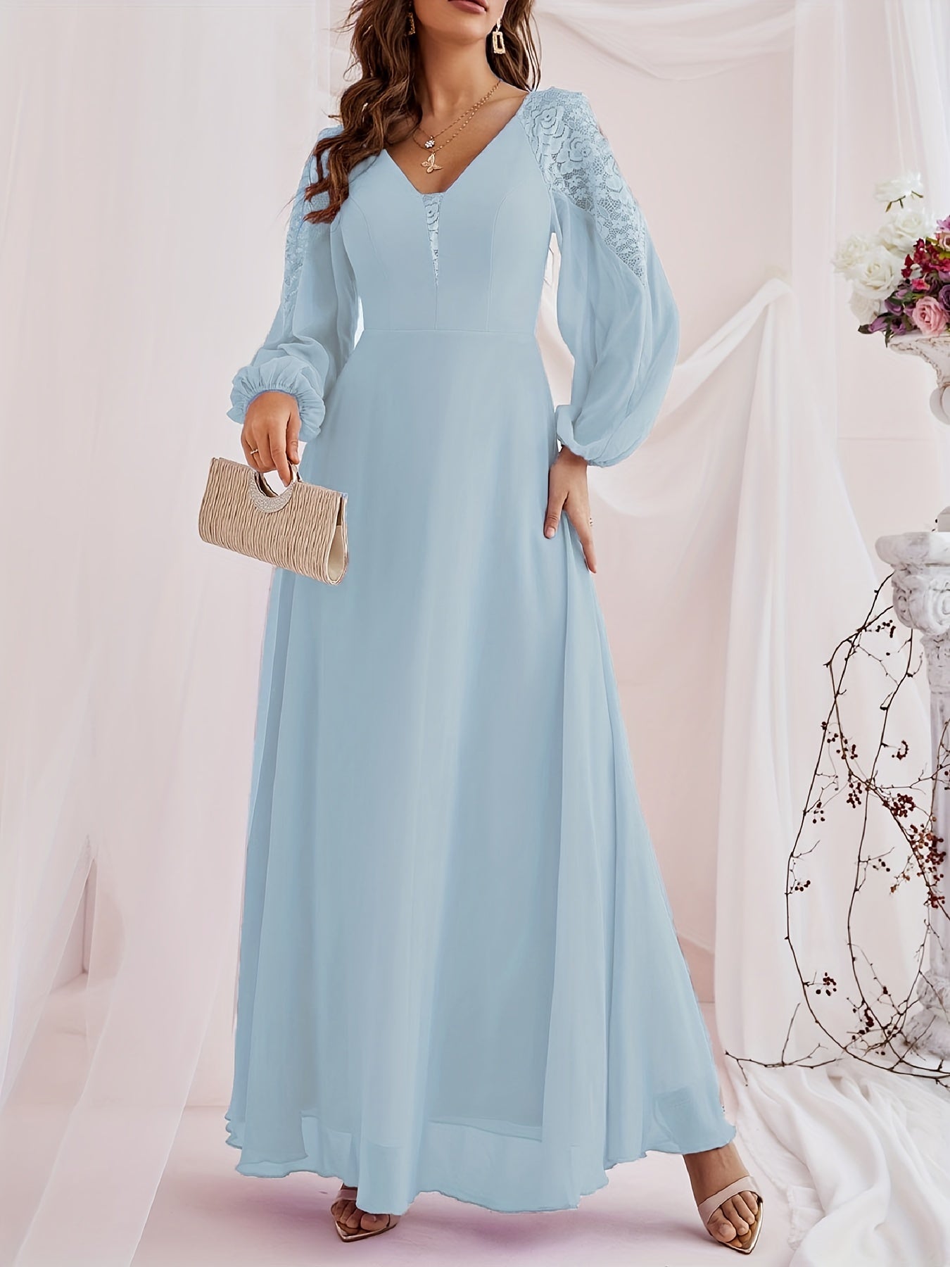 gbolsos Solid Contrast Lace Dress, Elegant V Neck Long Sleeve Maxi Dress, Women's Clothing