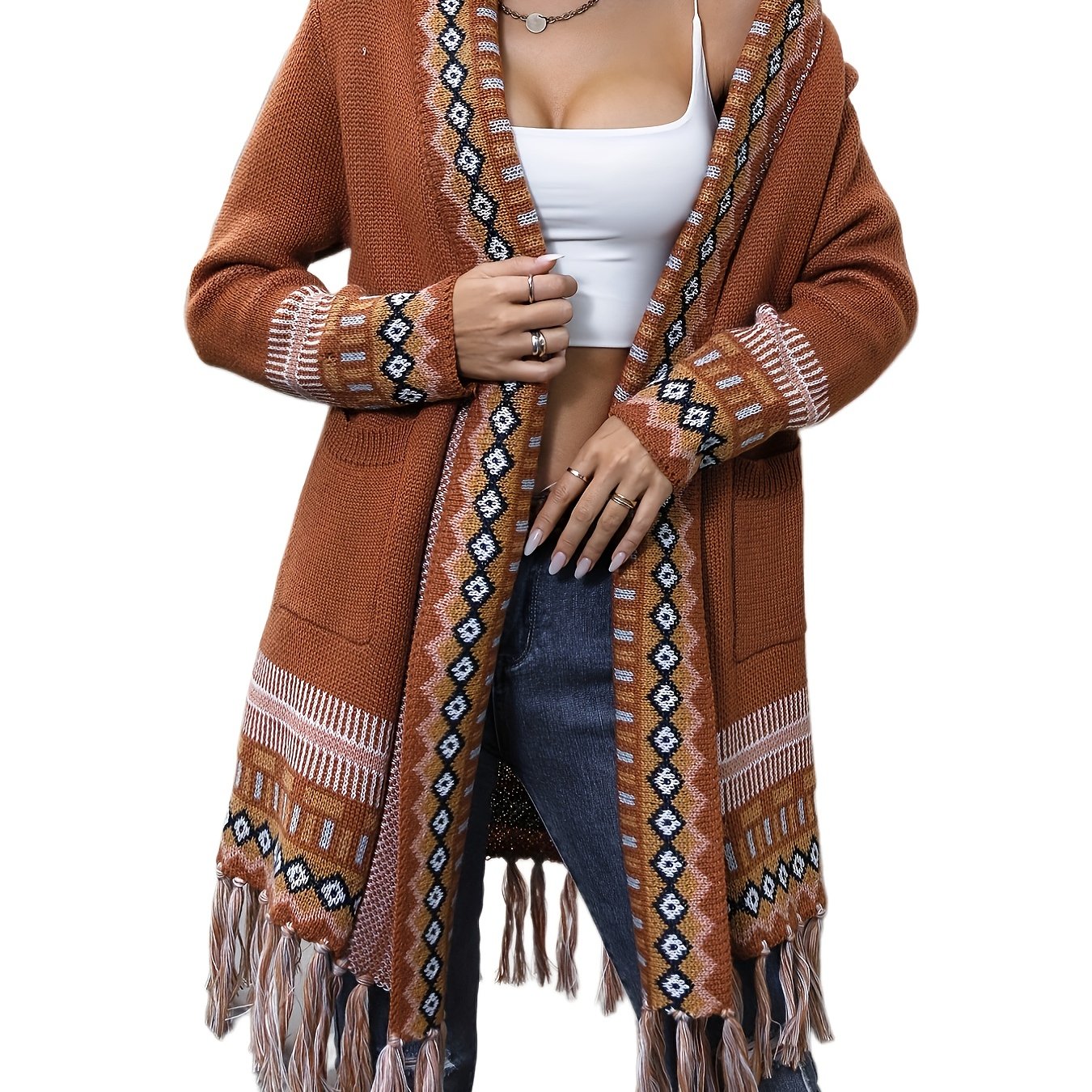 gbolsos Ethnic Pattern Tassel Trim Knit Cardigan, Vintage Open Front Long Sleeve Pocket Sweater, Women's Clothing