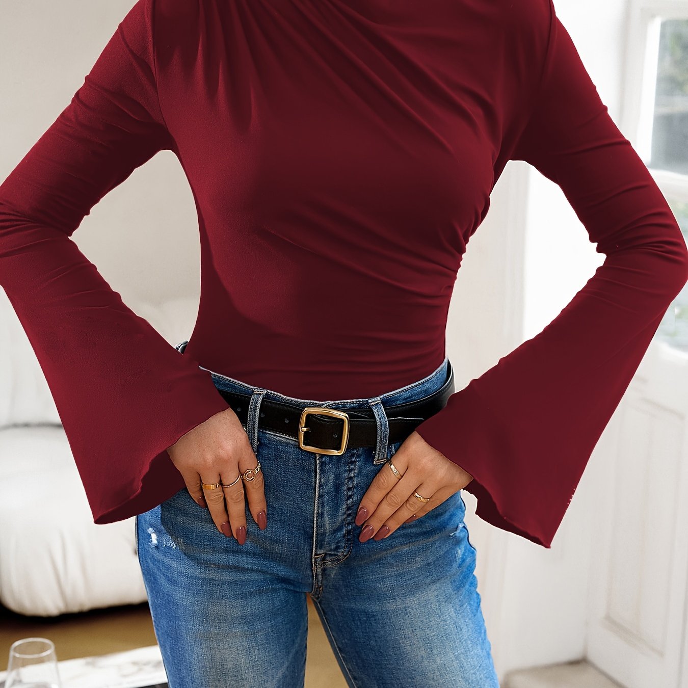 gbolsos Ruched Boat Neck T-Shirt, Elegant Long Flare Sleeve Top For Spring & Fall, Women's Clothing