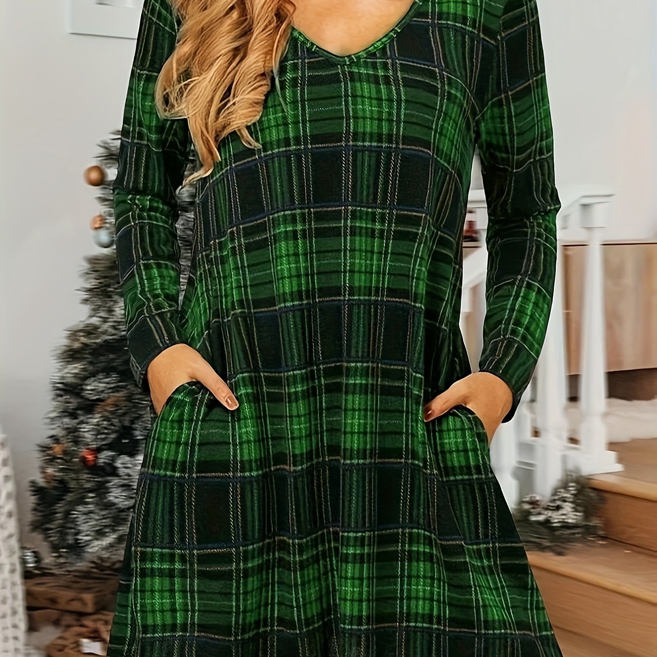 gbolsos Plaid V Neck Dress, Casual Long Sleeve Dress, Women's Clothing