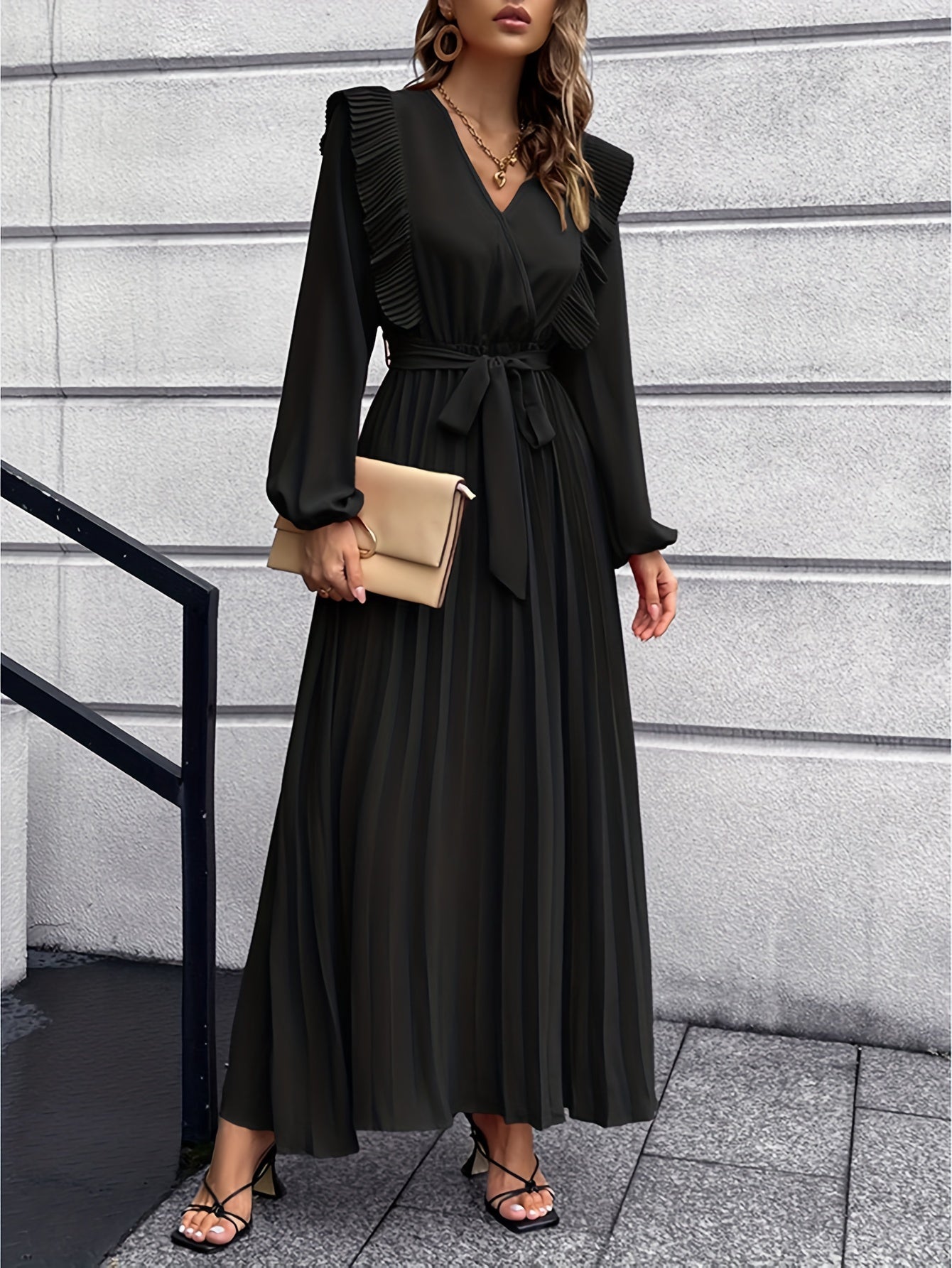 Ruffle Trim Pleated Dress, Casual V Neck Long Sleeve Solid Dress, Women's Clothing
