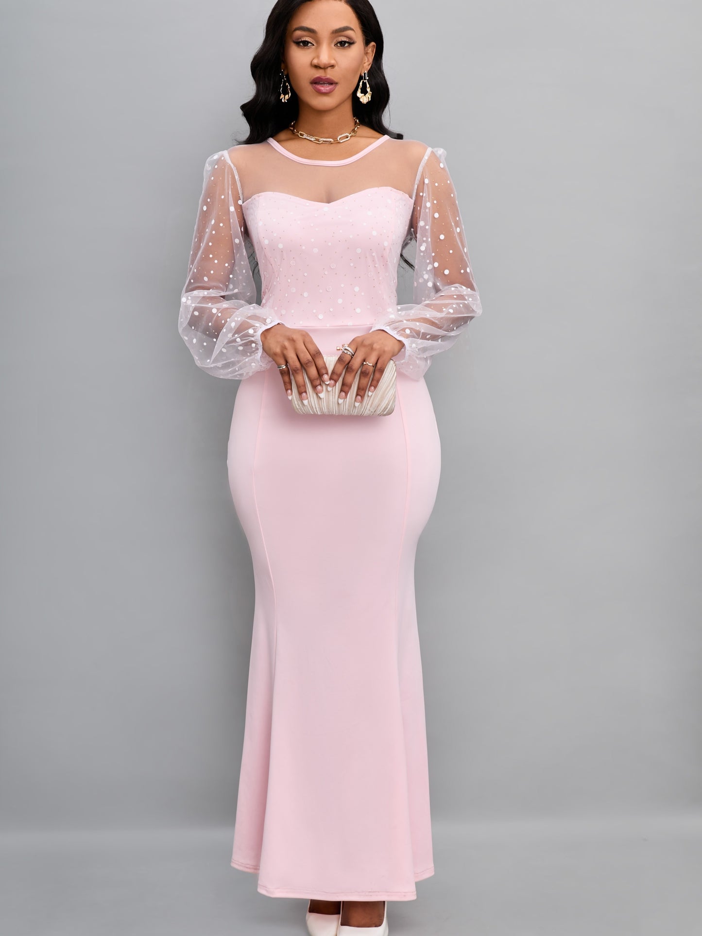 gbolsos Round Neck Mesh Stitching Dress, Elegant Slim Long Sleeve Waist Long Dresses, Women's Clothing