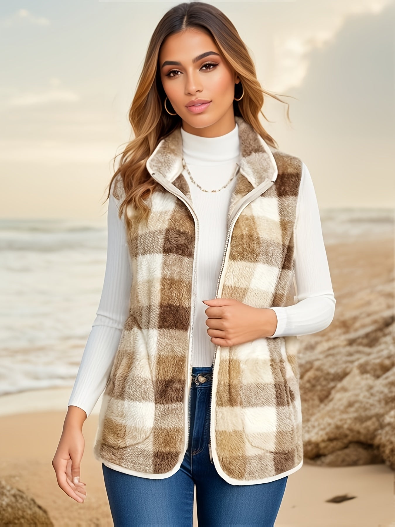 gbolsos Plaid Pattern Zip Up Vest, Casual Sleeveless Versatile Vest, Women's Clothing