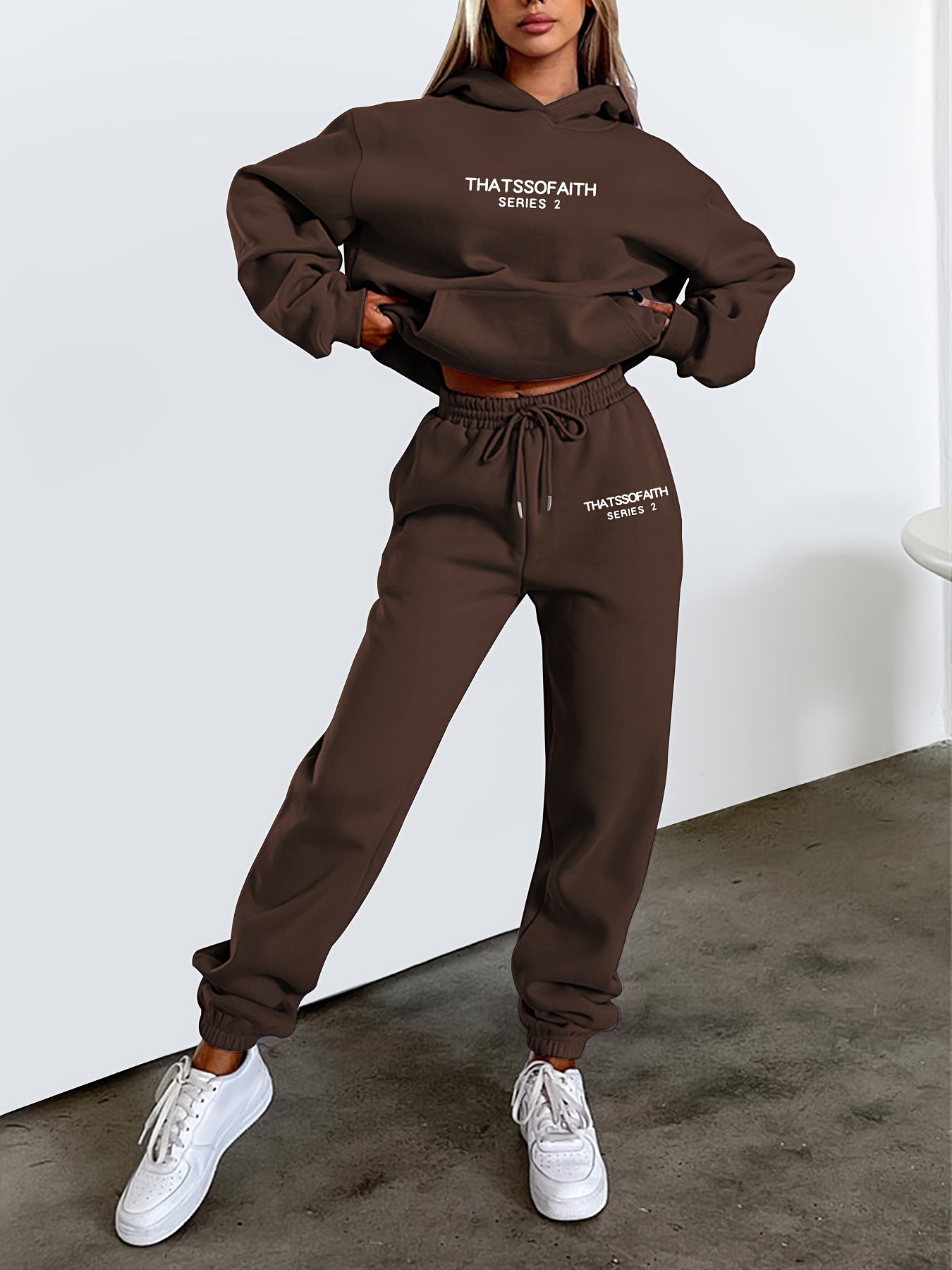 gbolsos Letter Print Casual Two-piece Set, Drawstring Hooded Tops & Drawstring Jogger Pants Outfits, Women's Clothing