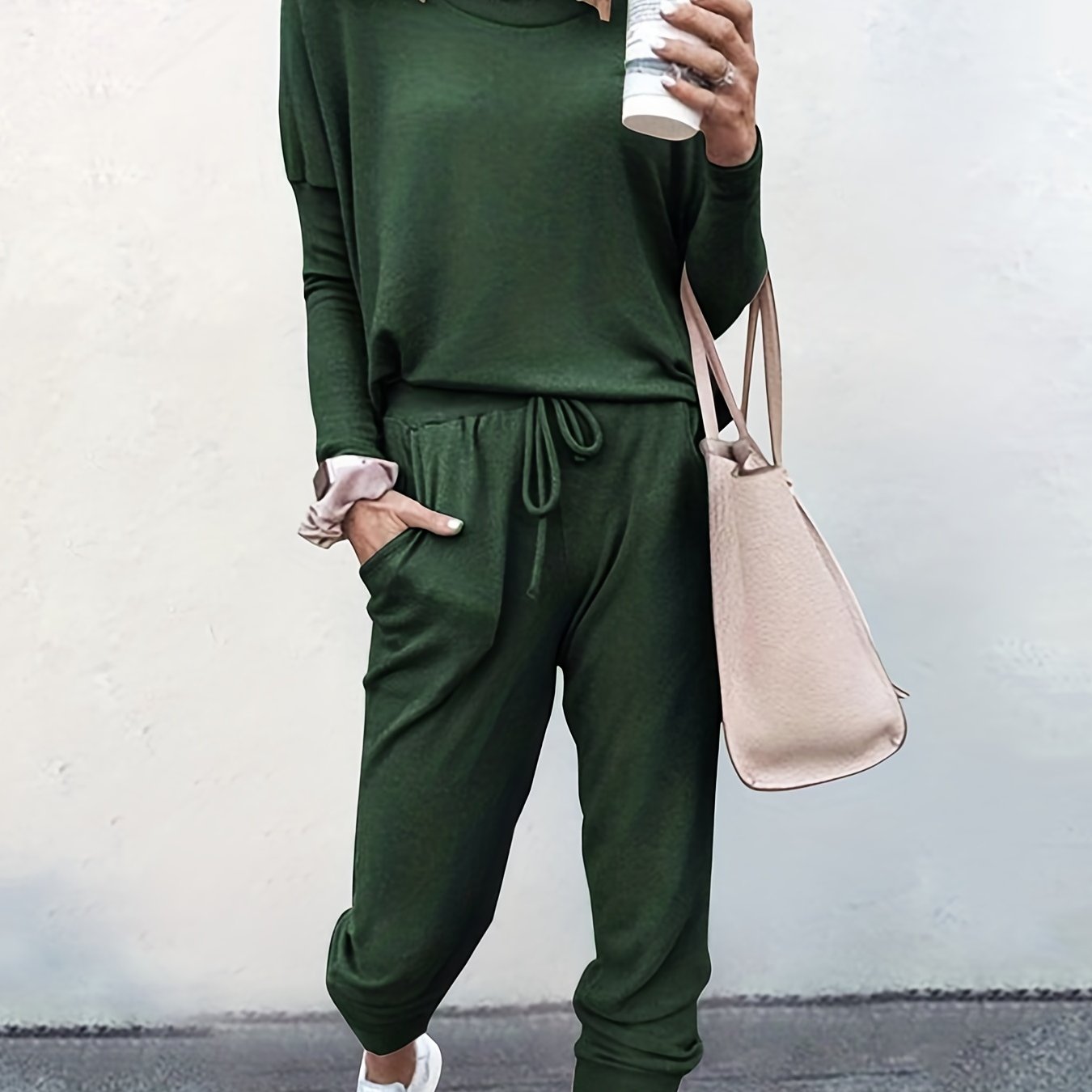 gbolsos Casual Solid Two-piece Set, Long Sleeve T-shirt & Drawstring Pants Outfits, Women's Clothing