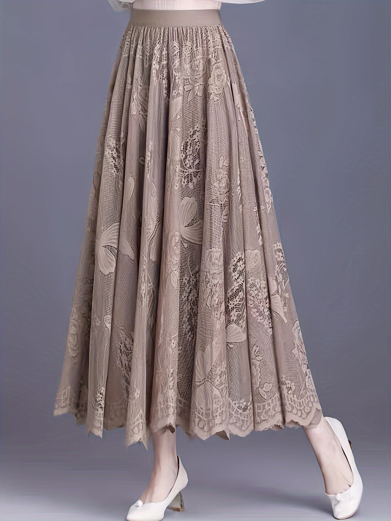 Solid Floral Pattern Pleated Skirt, Elegant Elastic Waist Skirt For Spring & Fall, Women's Clothing