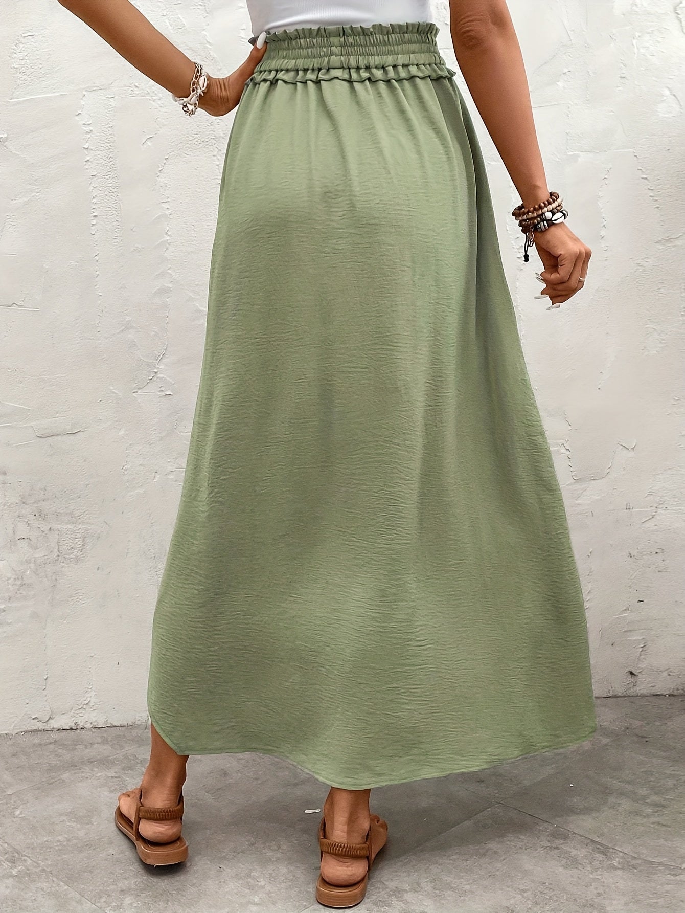 gbolsos Solid Paper Bag Waist Skirt, Casual Split Beach Maxi Skirt, Women's Clothing