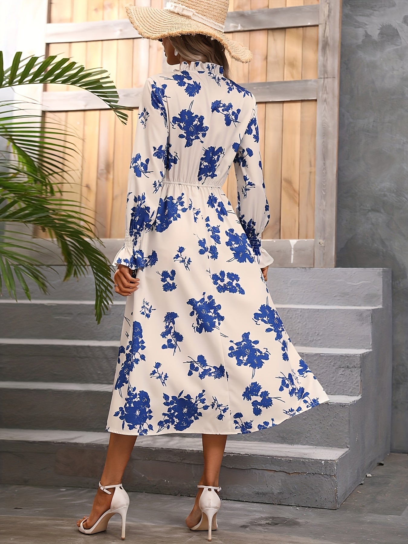 Floral Print Tie Front Mock Neck Dress, Casual Long Sleeve Cinched Waist Dress, Women's Clothing