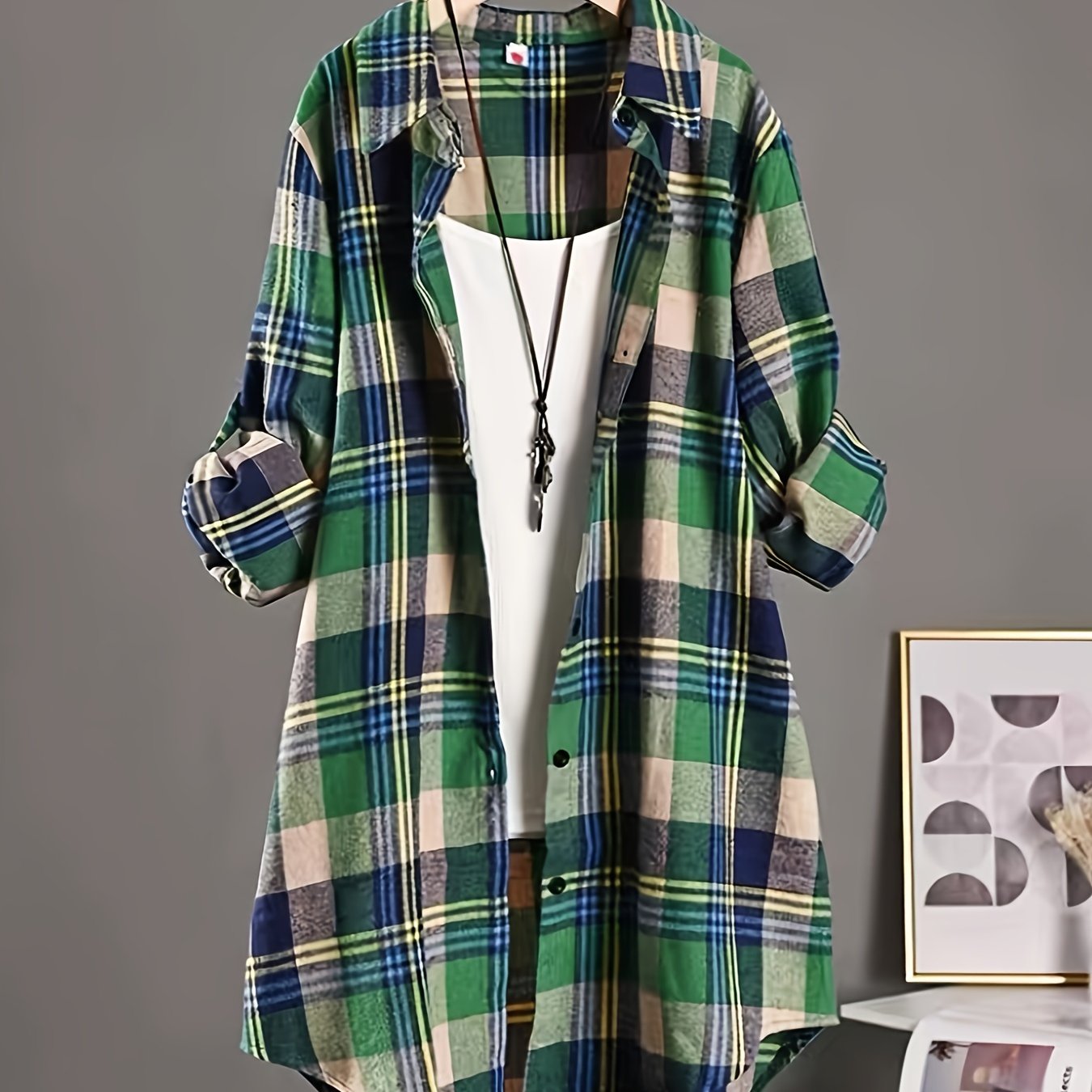 gbolsos Plaid Print Button Front Shirt, Thigh Length Long Sleeve Shirt For Spring & Fall, Women's Clothing
