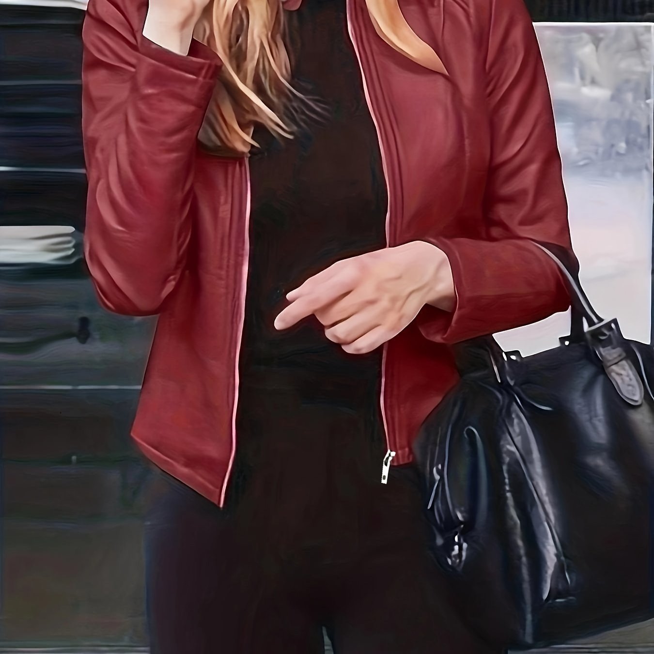 gbolsos Solid Zipper Front Faux Leather Crop Jacket, Casual Long Sleeve Lightweight Jacket For Fall & Spring, Women's Clothing