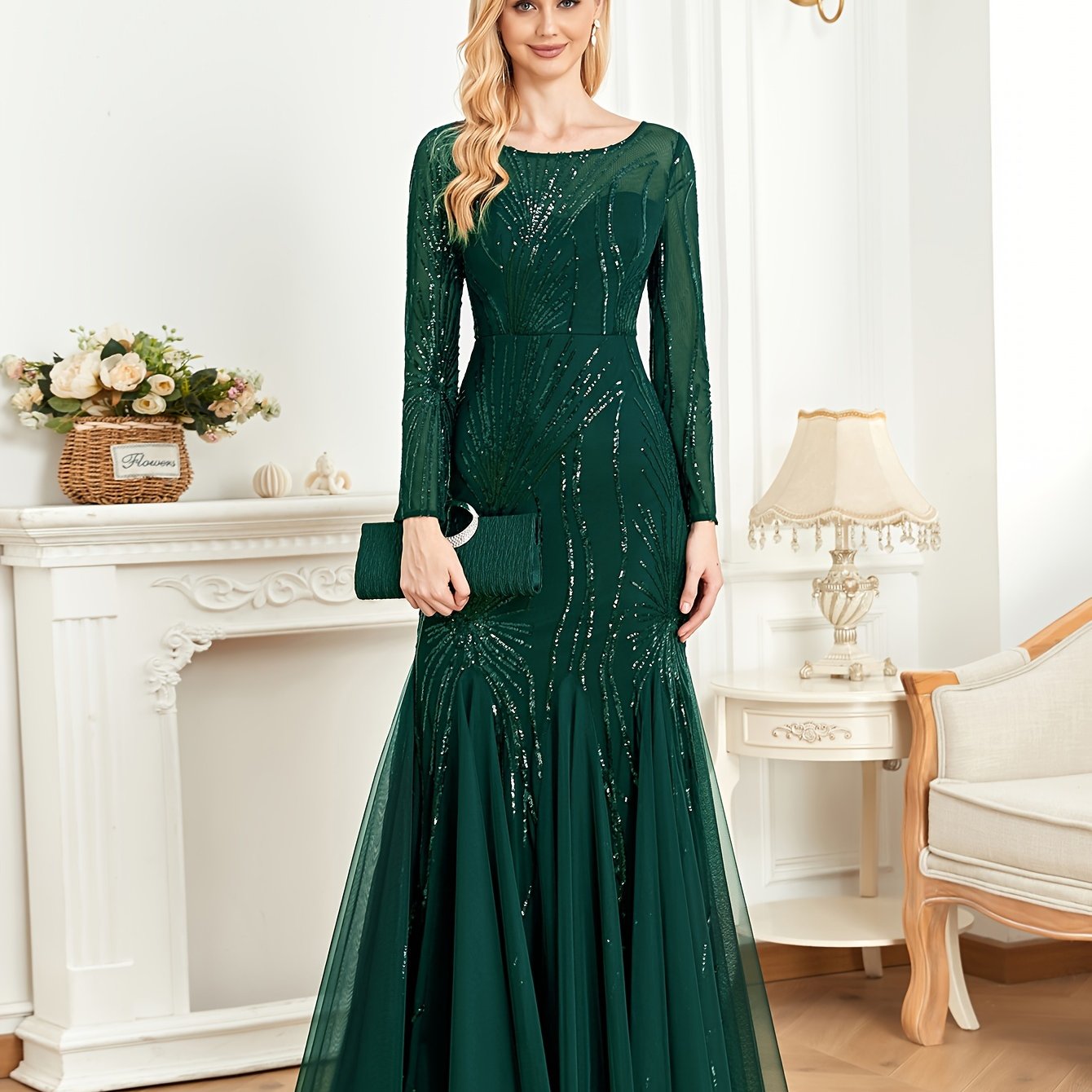 gbolsos Sequined Ruffle Mesh Splicing Dress, Elegant Long Sleeve Crew Neck Mermaid Hem Dress For For Party & Banquet, Women's Clothing