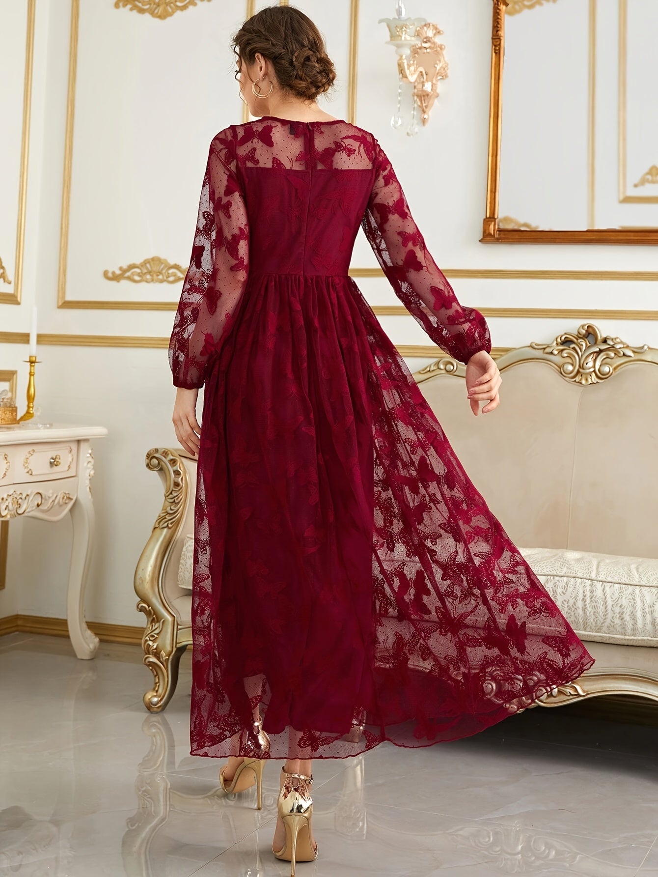 gbolsos Contrast Lace Crew Neck A-line Dress, Elegant Long Sleeve Dress For Party & Banquet, Women's Clothing
