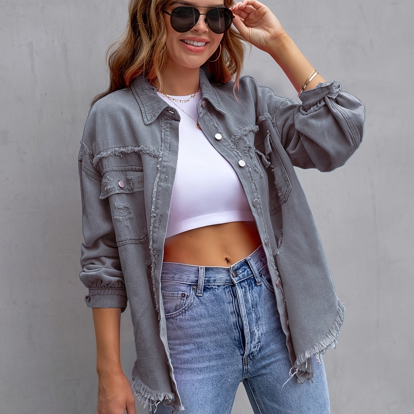 gbolsos Plain Ripped Holes Lapel Denim Jackets, Distressed Raw Hem Long Sleeves Casual Denim Coats, Women's Denim Clothing