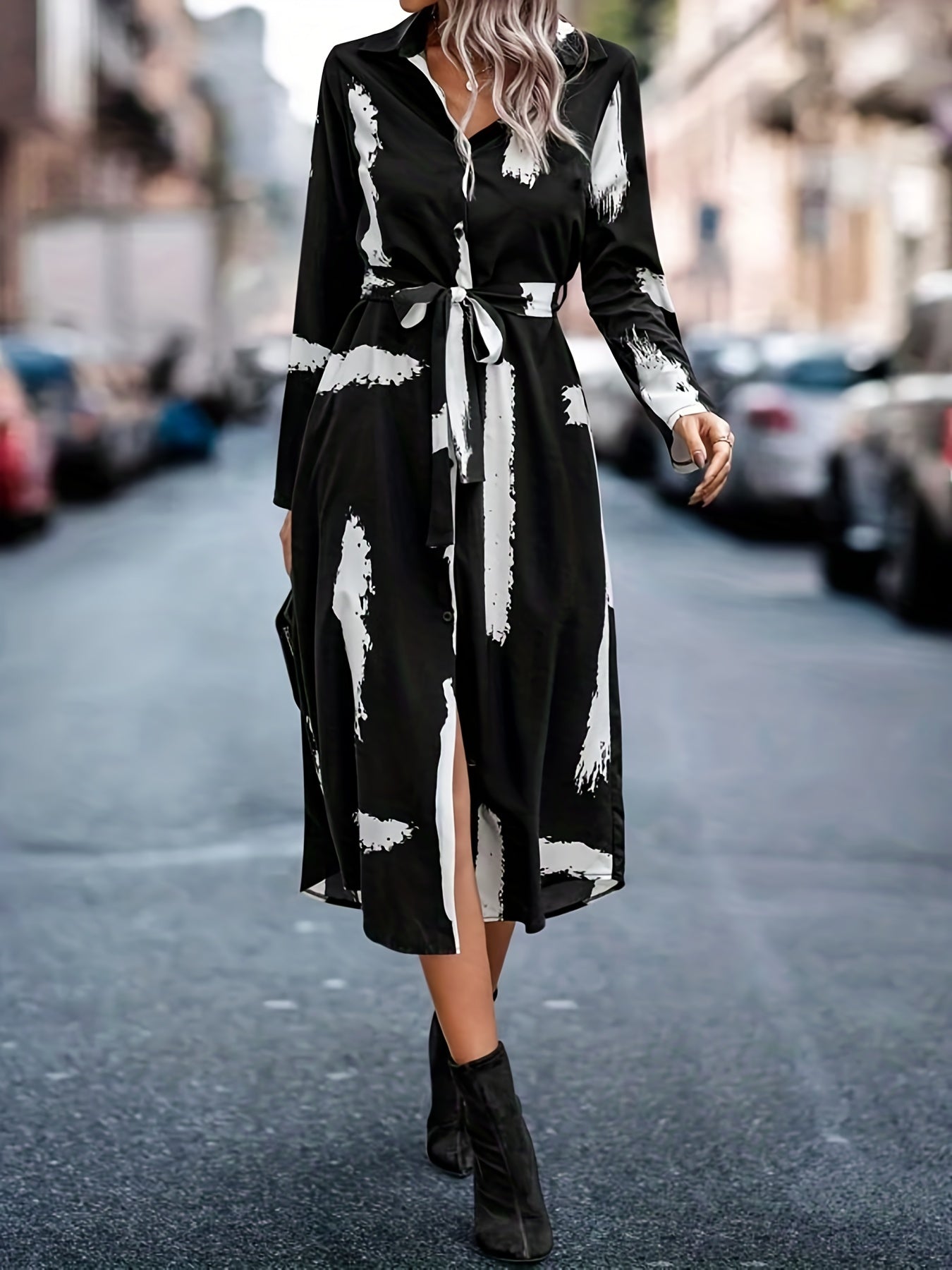 gbolsos Brush Print Midi Dress, Elegant Button Front Long Sleeve Shirt Dress, Women's Clothing