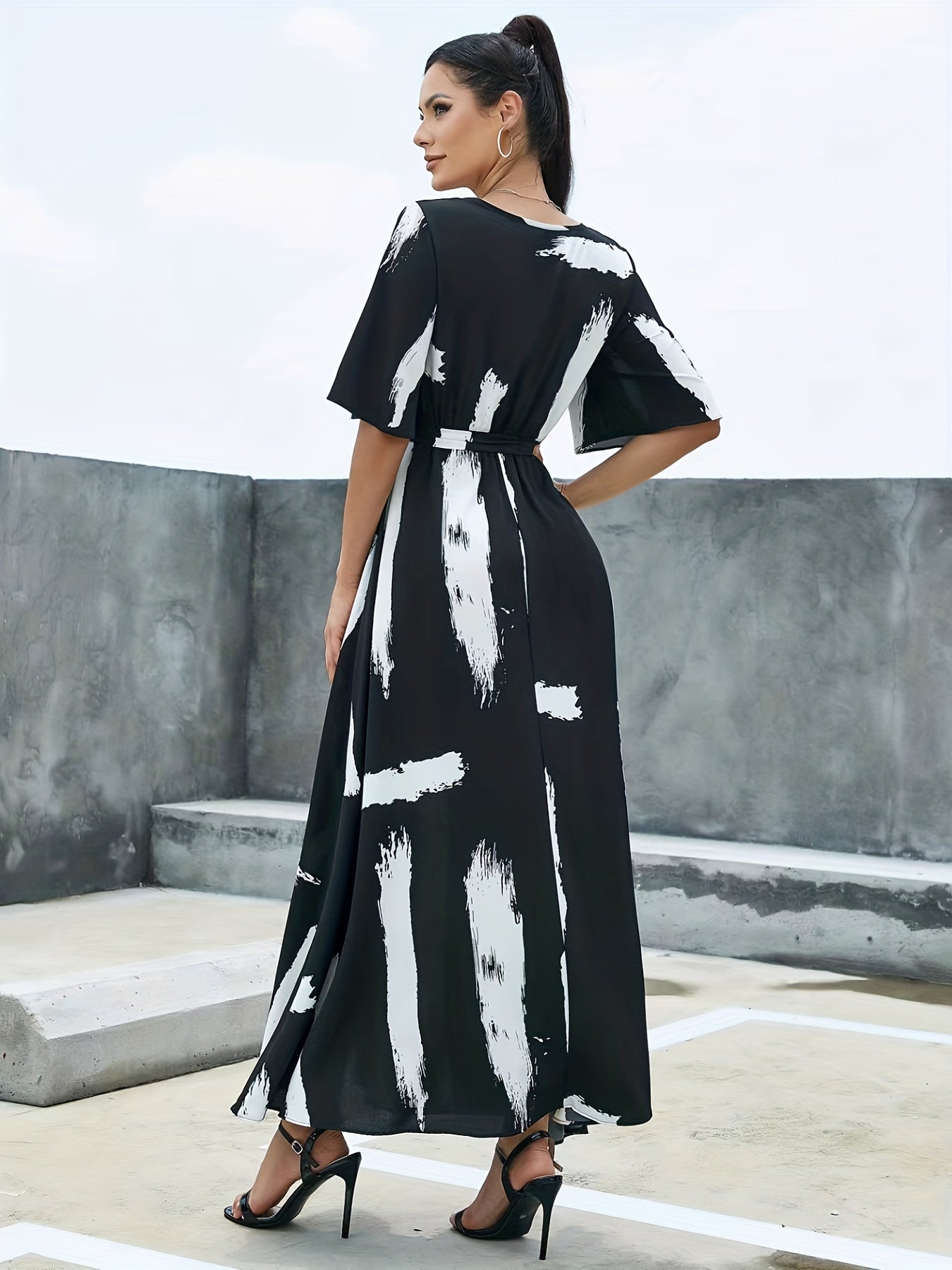 gbolsos Flutter Sleeve Belted Maxi Dress, Casual Dress For Spring & Summer, Women's Clothing