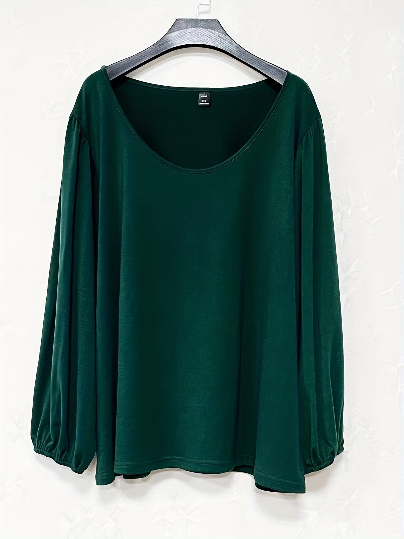 solvbao Plus Size Casual Top, Women's Plus Solid Lantern Sleeve Round Neck Medium Stretch Top