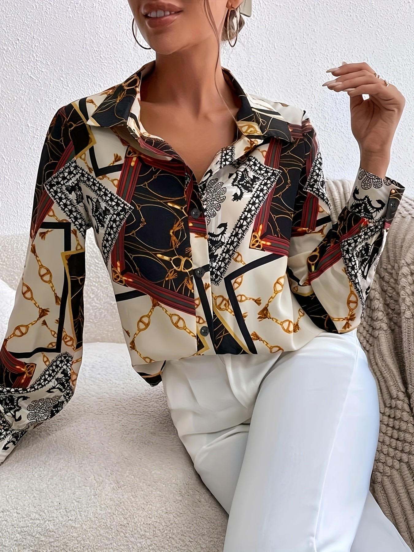 gbolsos Chain Print V-neck Loose Lapel Blouses, Casual Button Down Long Sleeve Fashion Shirts Tops, Women's Clothing