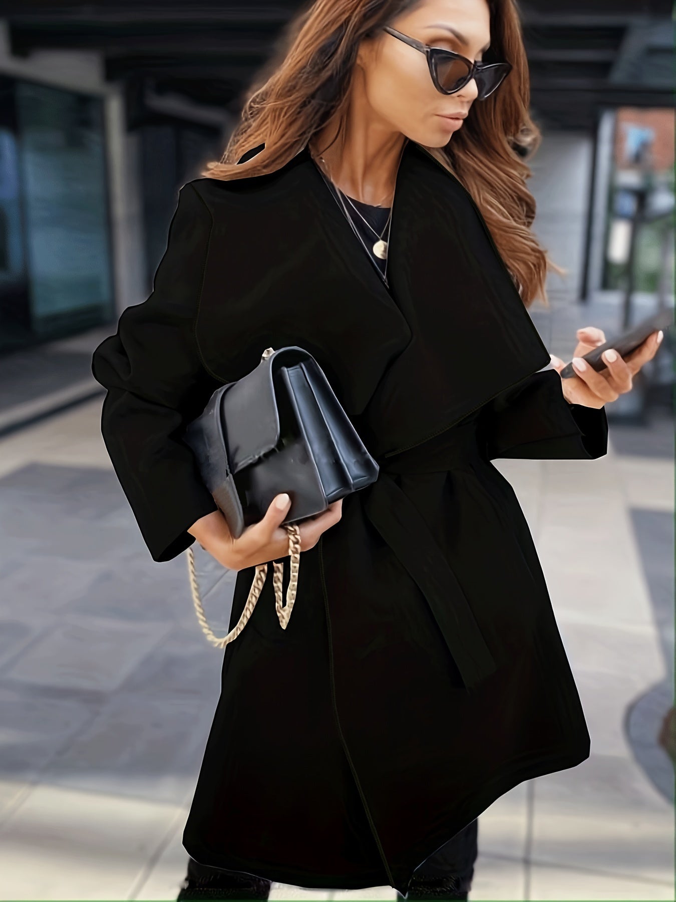 Plus Size Elegant Coat, Women's Plus Solid Long Sleeve Waterfall Collar Open Front Woolen Coat With Belt
