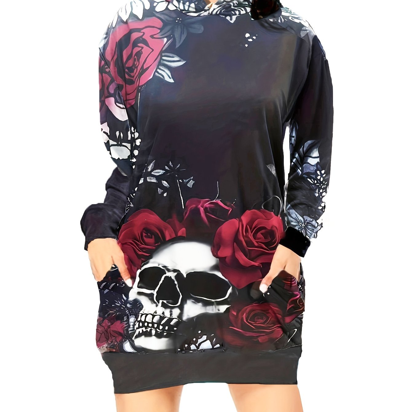 gbolsos Skull & Flower Print Dress, Gothic Hooded Long Sleeve Mini Dress With Pockets, Women's Clothing