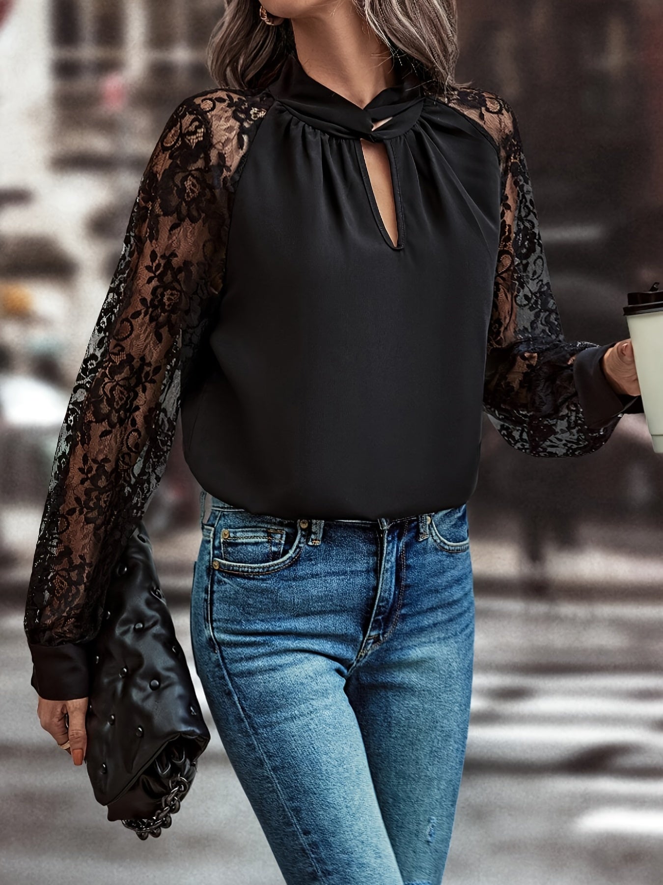 gbolsos Floral Lace Stitching Blouse, Casual Long Sleeve Blouse For Spring & Fall, Women's Clothing