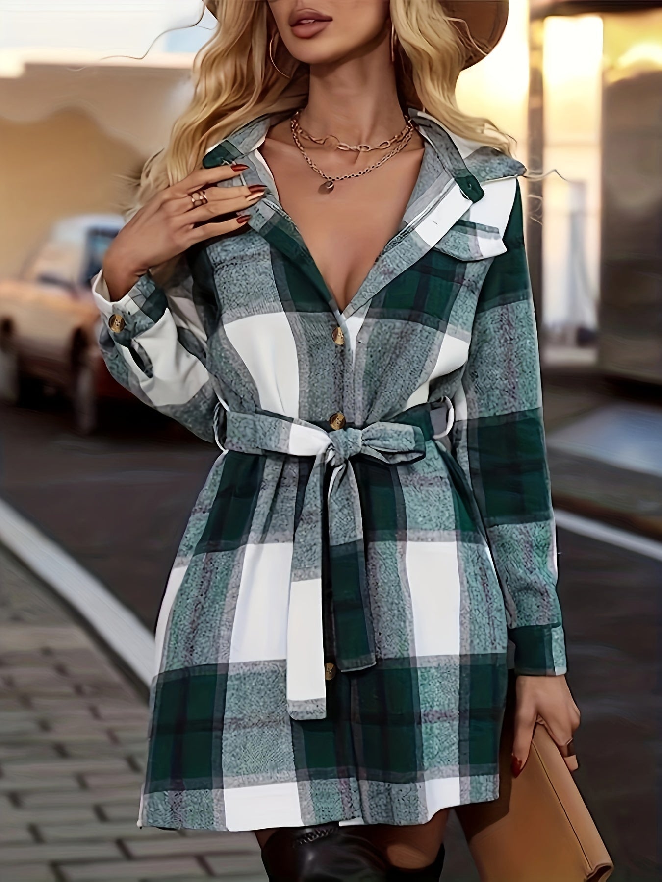 gbolsos Button Plaid Tie Waist Jacket, Casual Long Sleeve Jacket For Fall & Winter, Women's Clothing