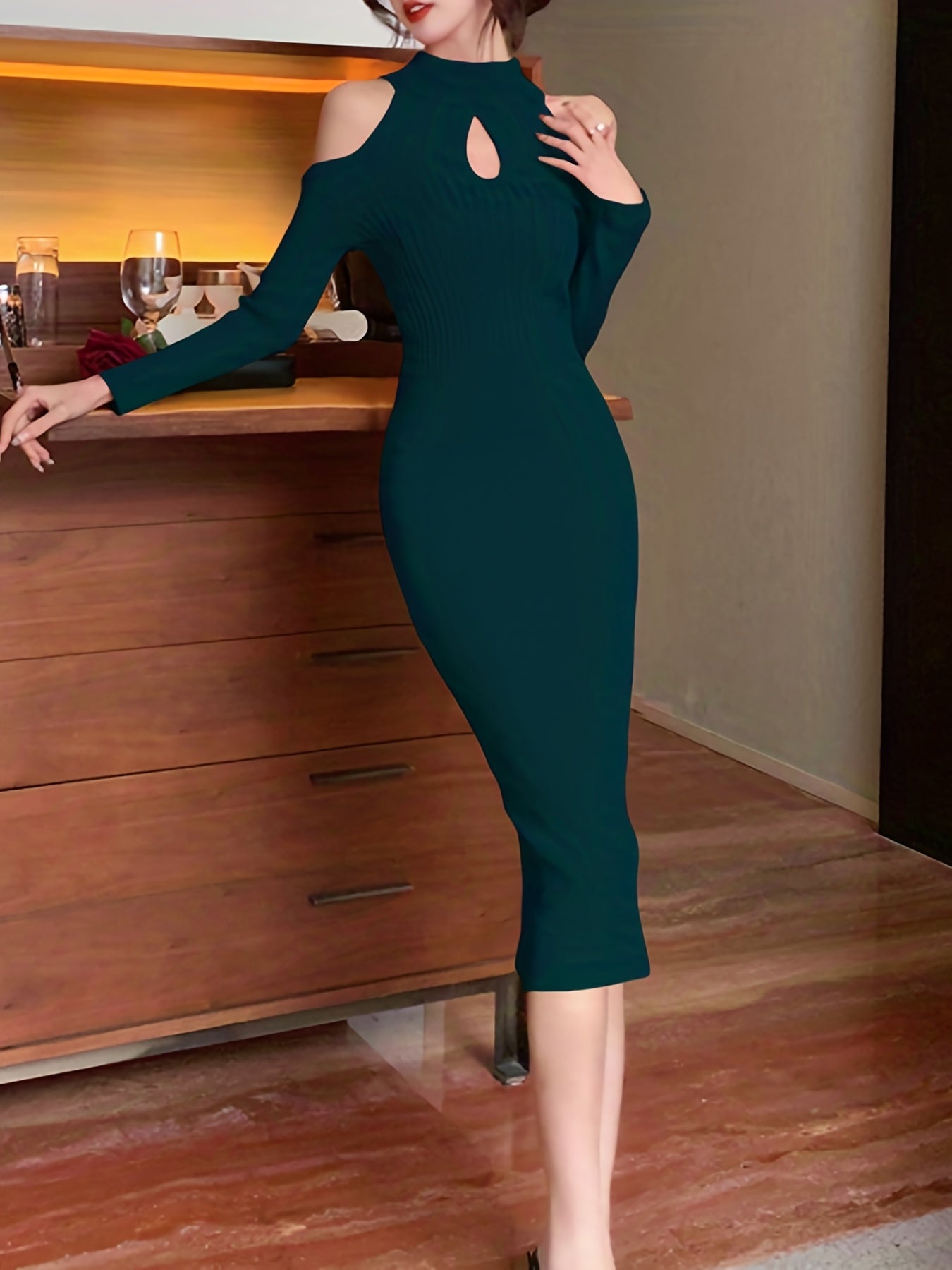 gbolsos Cold Shoulder Keyhole Dress, Elegant Solid Long Sleeve Midi Dress, Women's Clothing