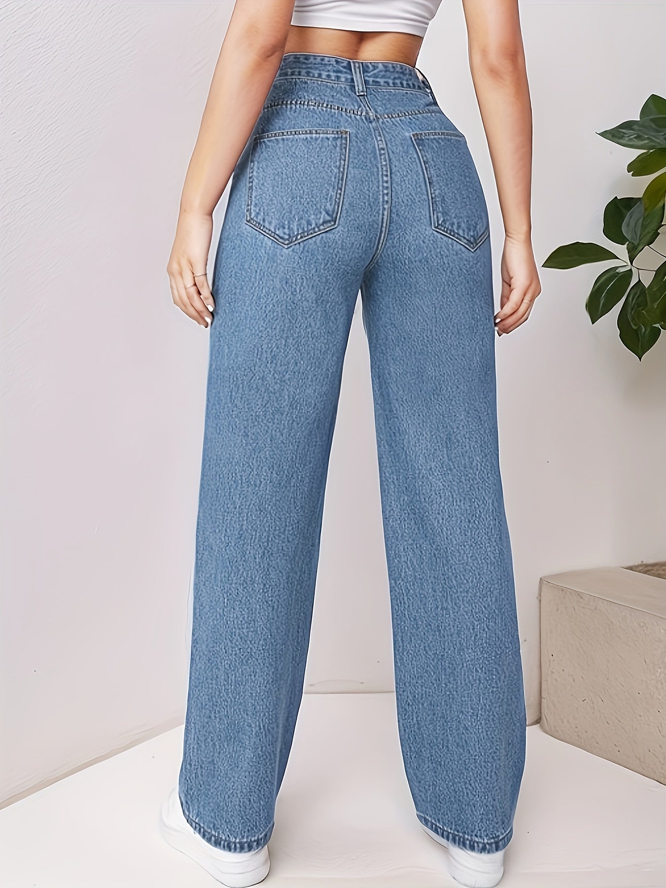 Blue Loose Fit Straight Jeans, High Waist Non-Stretch Slash Pockets Denim Pants, Women's Denim Jeans & Clothing