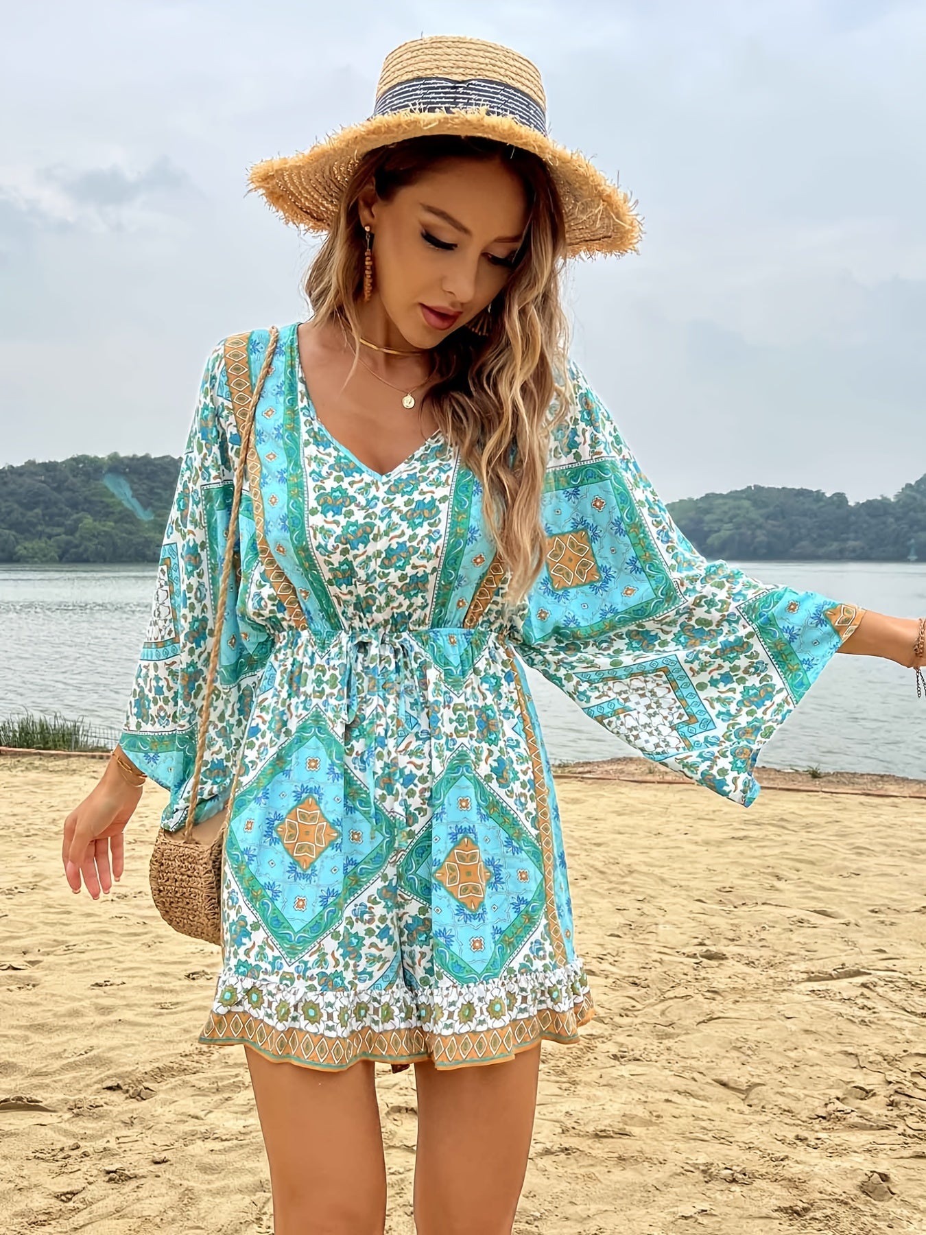 elveswallet Bohemian Print Lace Up Waist Jumpsuit, Boho Long Sleeve V-neck Loose Jumpsuit, Women's Clothing