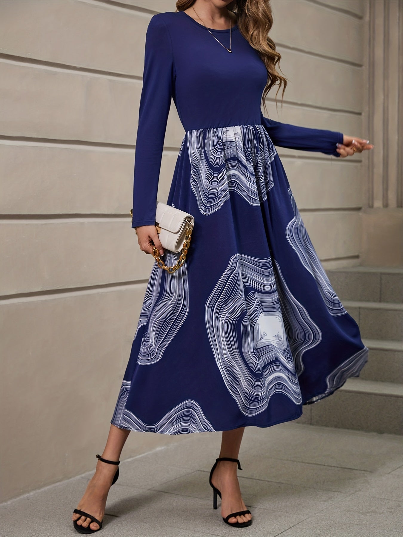 gbolsos Abstract Print Splicing Dress, Elegant Crew Neck Long Sleeve Dress, Women's Clothing