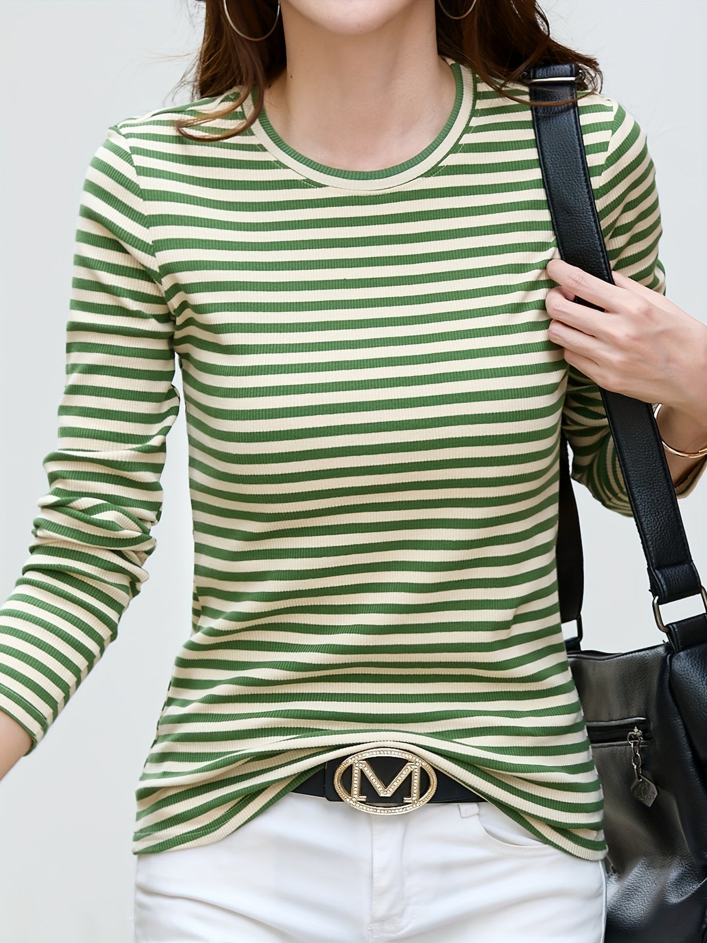 gbolsos Striped Print Crew Neck T-Shirt, Casual Long Sleeve T-Shirt For Spring & Fall, Women's Clothing