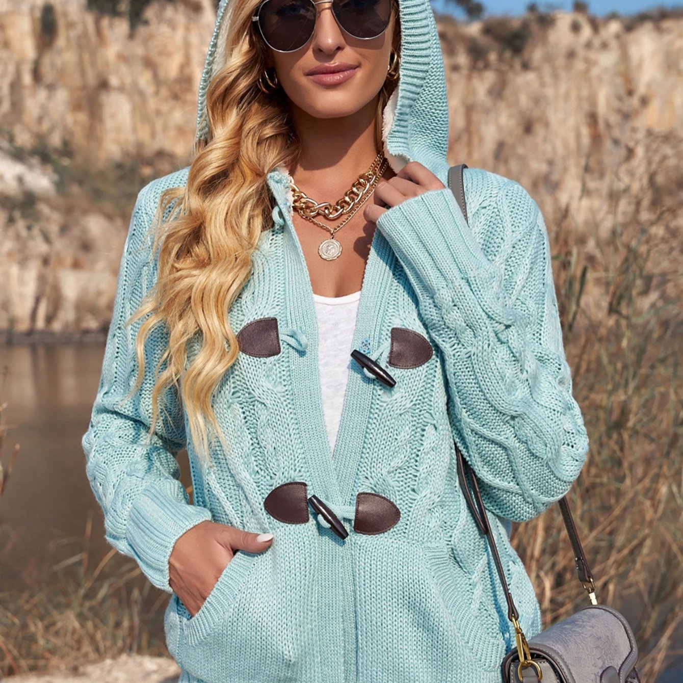 gbolsos Women's Outerwear Raw Hooded Flare Button Sweater Cardigan