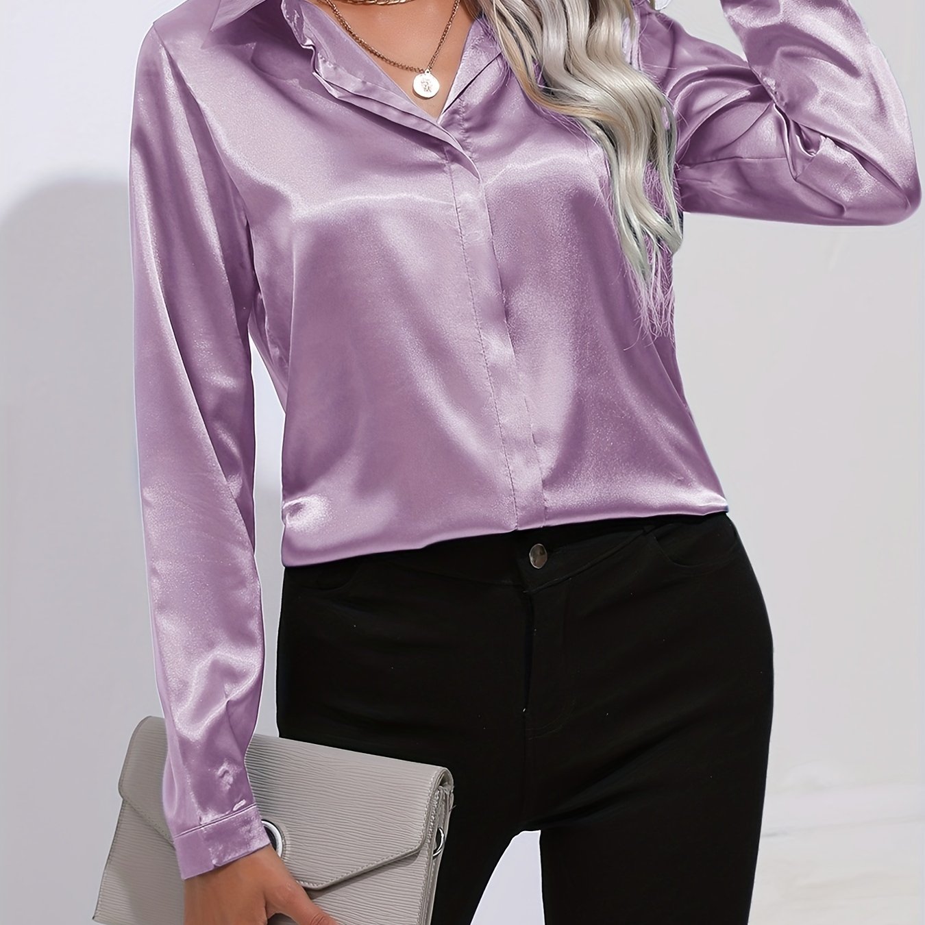 Elegant Satin Blouse, Collar Long Sleeve Work Blouse, Women's Clothing