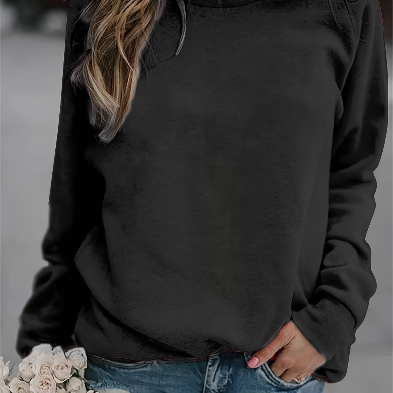 gbolsos Solid Crew Neck Pullover, Casual Fashion Loose Long Sleeve Sweatshirt, Women's Clothing