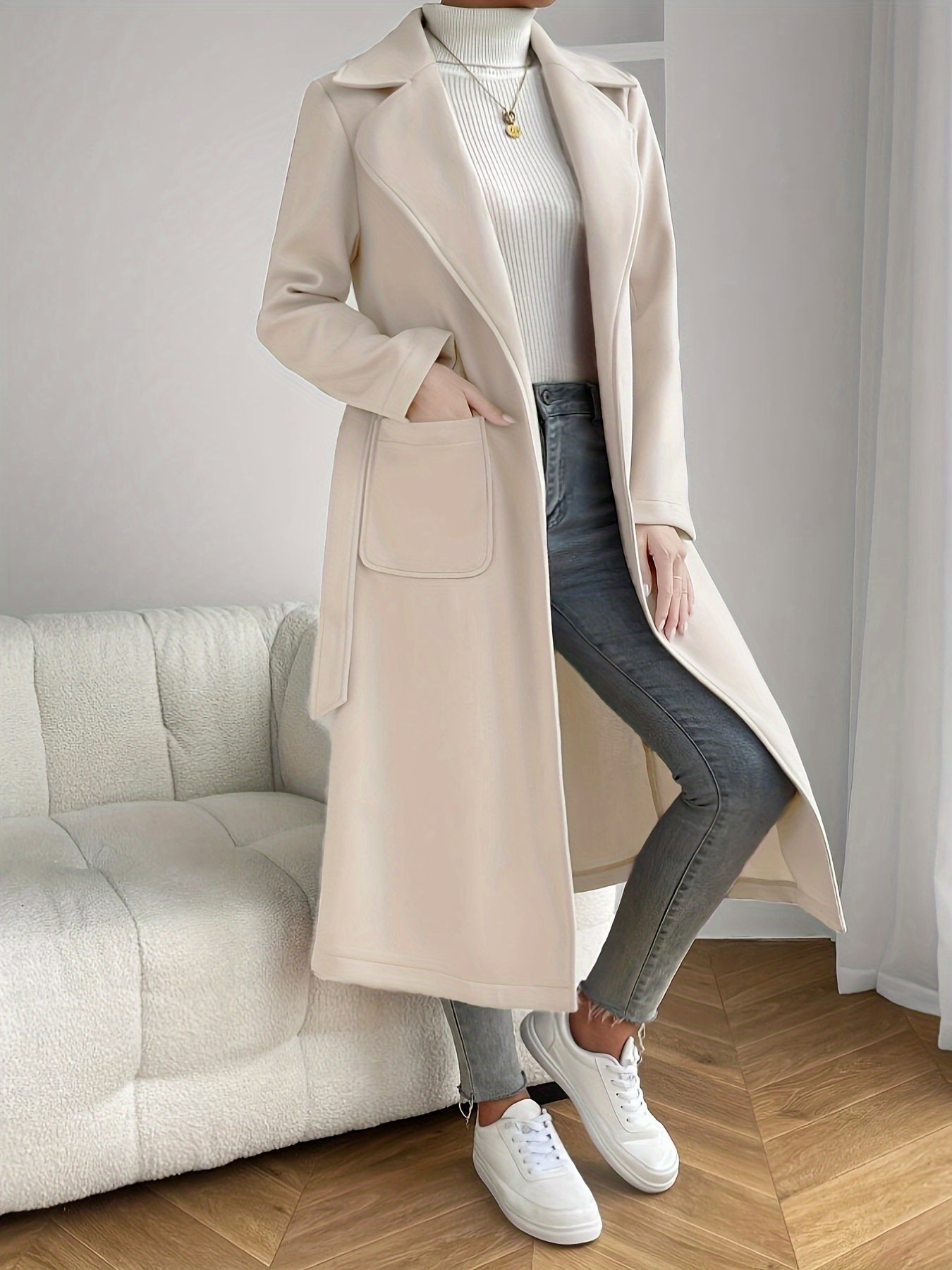 gbolsos Solid Lapel Mid Length Overcoat, Casual Open Front Long Sleeve Outerwear With Pockets, Women's Clothing