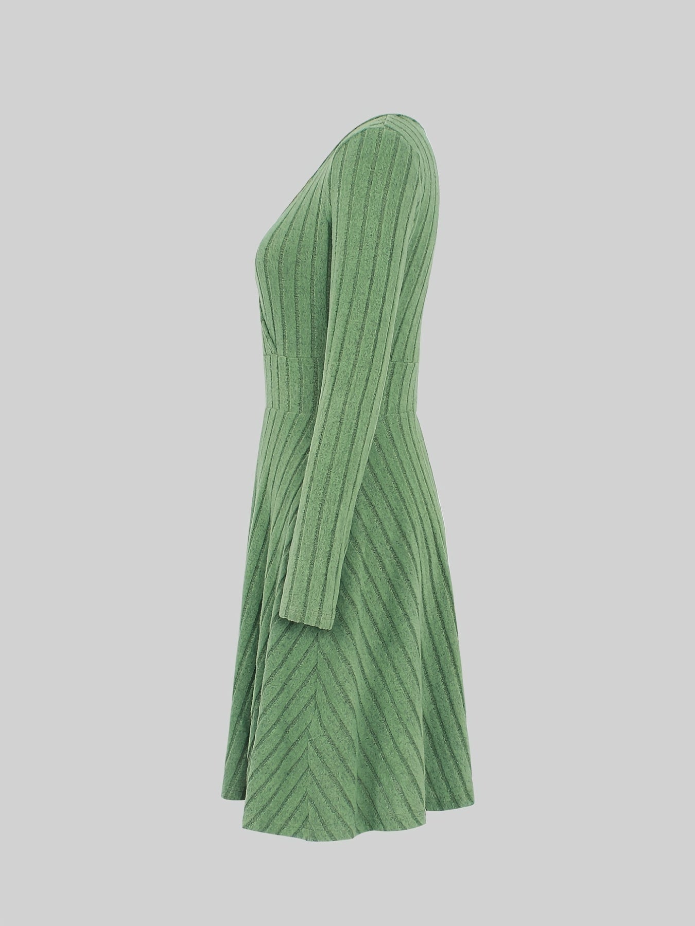 Solid Bodycon Ribbed Dress, Casual V Neck Long Sleeve Dress, Women's Clothing