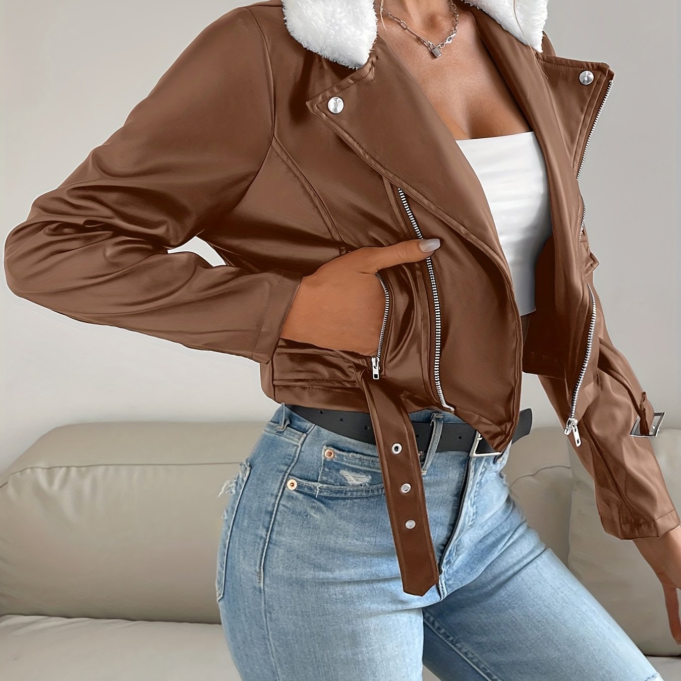 gbolsos Zip Up PU Leather Jacket, Casual Long Sleeve Solid Outerwear, Women's Clothing