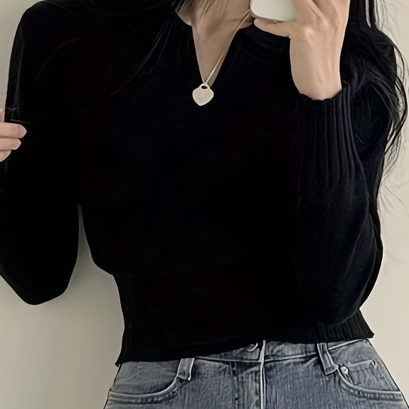 gbolsos Solid Notched Collar Pullover Sweater, Casual Long Sleeve Crop Sweater For Spring & Fall, Women's Clothing