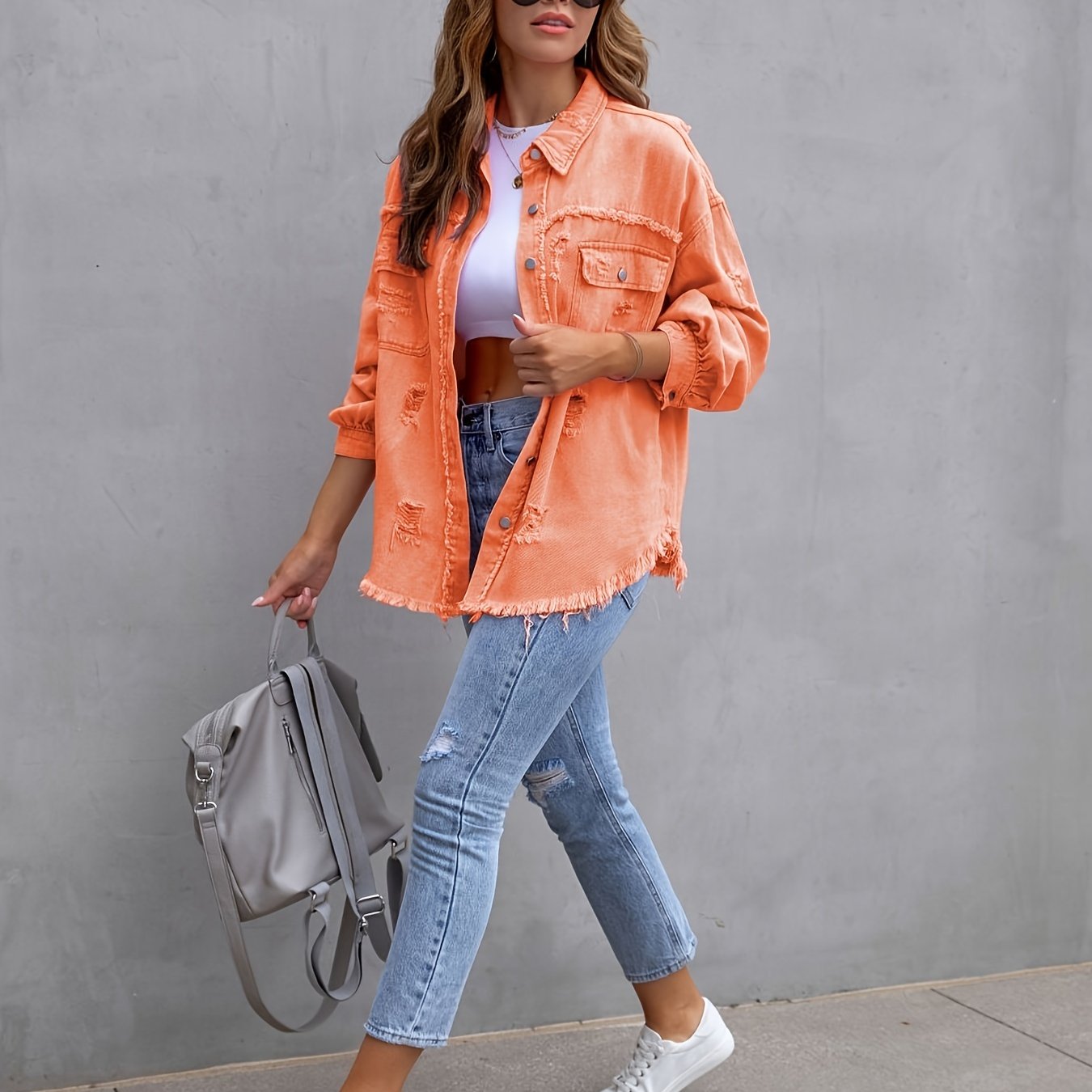 gbolsos Plain Ripped Holes Lapel Denim Jackets, Distressed Raw Hem Long Sleeves Casual Denim Coats, Women's Denim Clothing