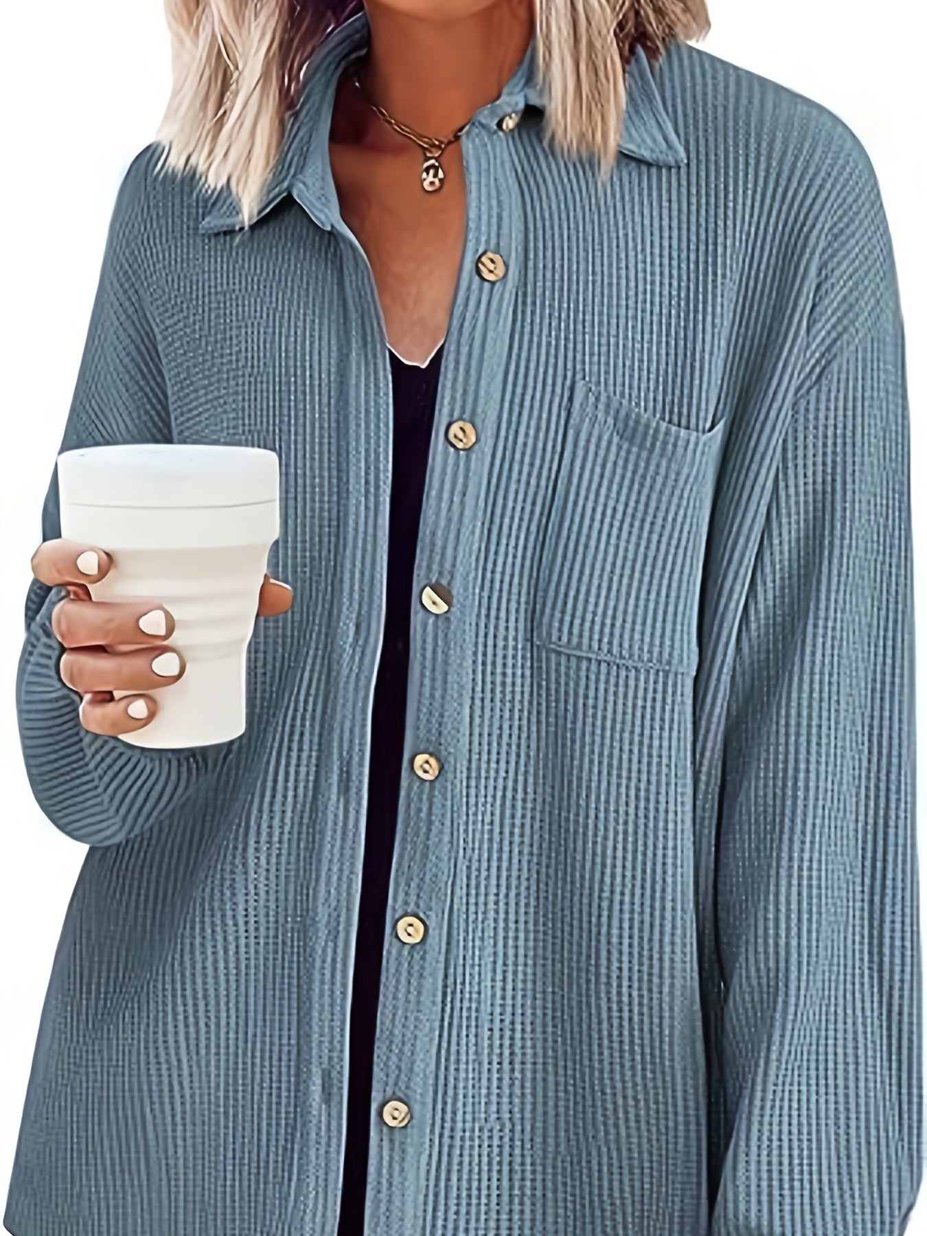 gbolsos Solid Polo Collar Button Shirt, Casual Long Sleeve Shirt For Spring & Fall, Women's Clothing
