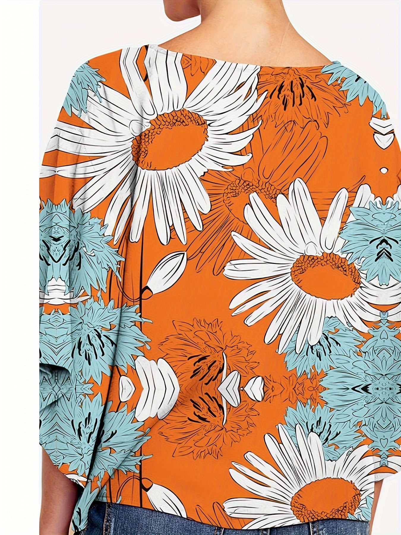 gbolsos Floral Print V-neck Blouse, Vacation Style Half Sleeve Blouse For Spring & Summer, Women's Clothing