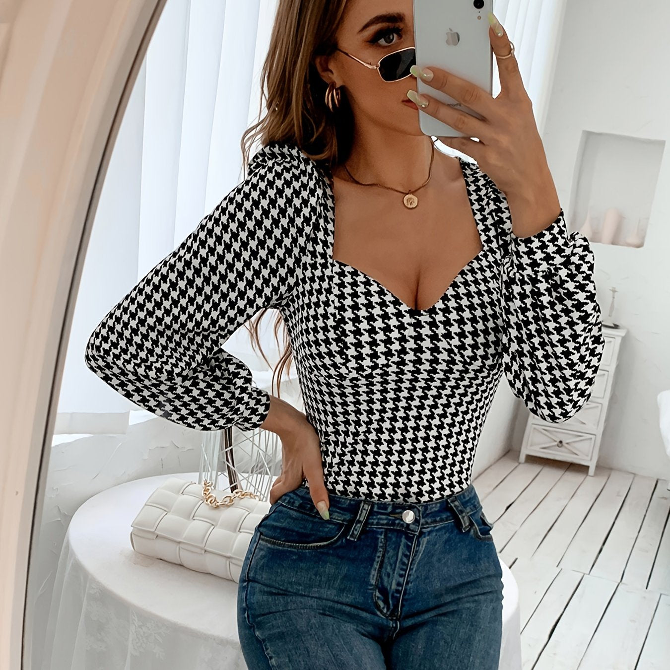 gbolsos Off The Shoulder Elegant Lantern Sleeve T-Shirt, Houndstooth Print Top For Autumn And Winter, Women's Clothing