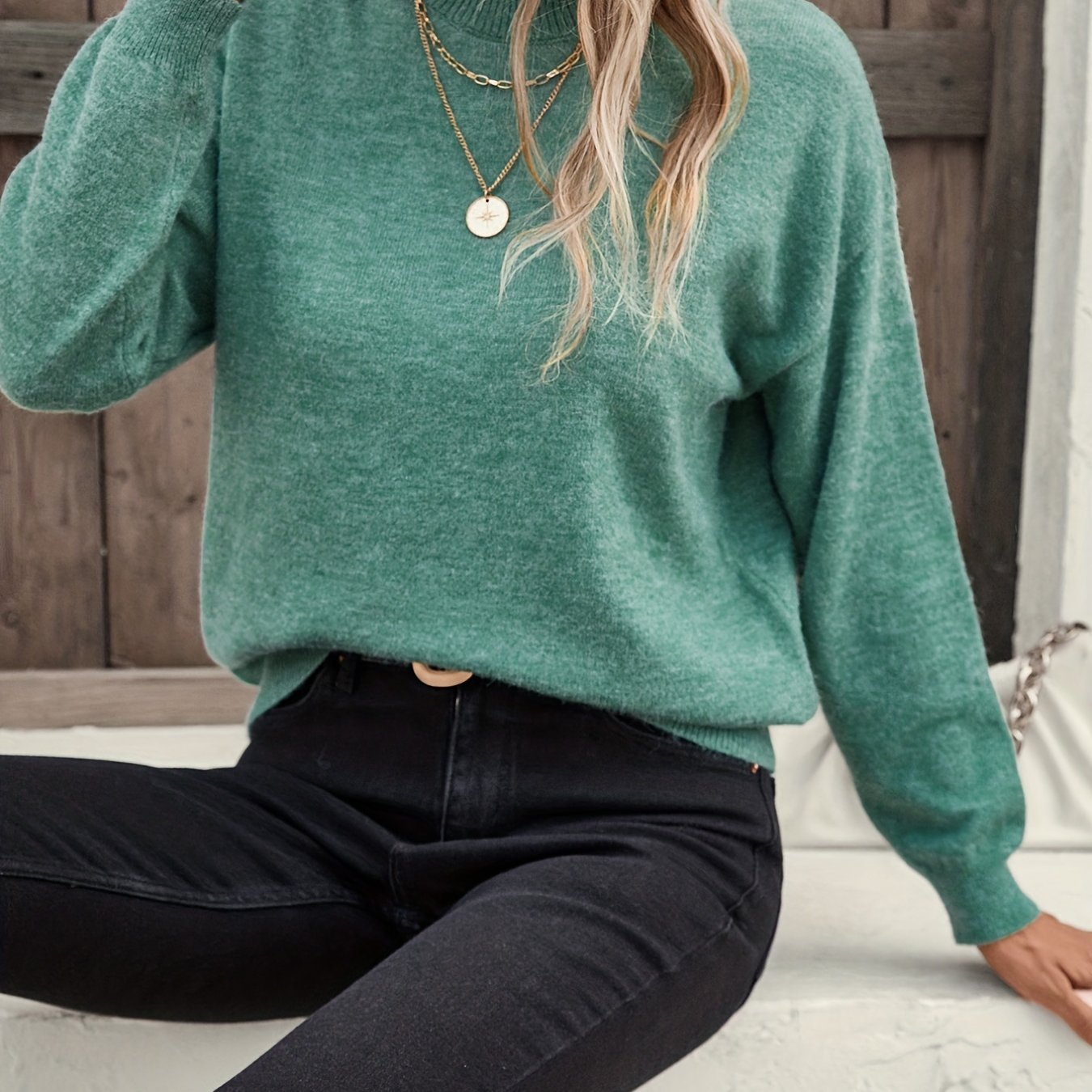 gbolsos Solid Mock Neck Pullover Sweater, Casual Long Sleeve Sweater, Women's Clothing