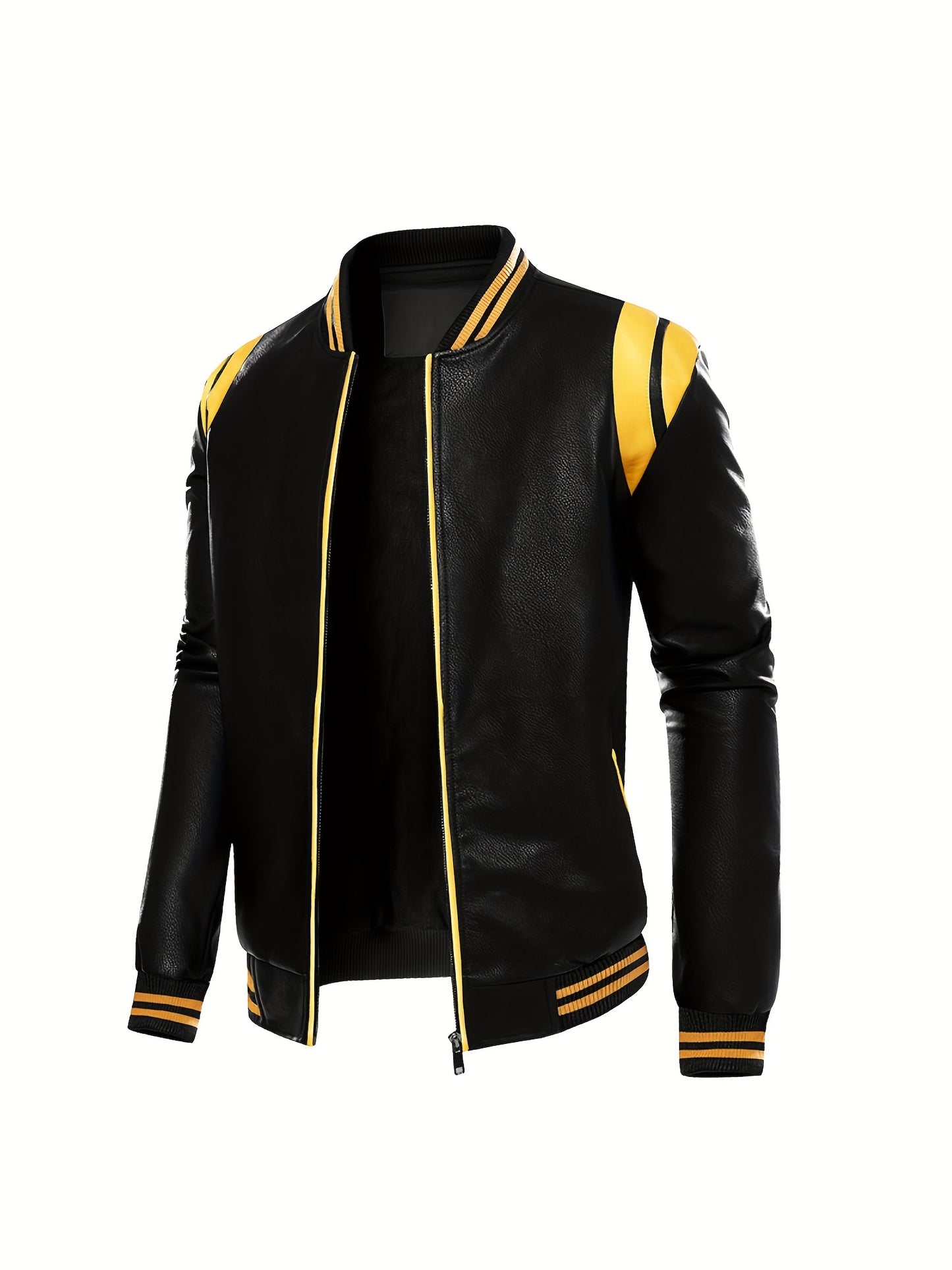 gbolsos Chic Color Block PU Jacket, Men's Casual Baseball Collar Faux Leather Biker Jacket