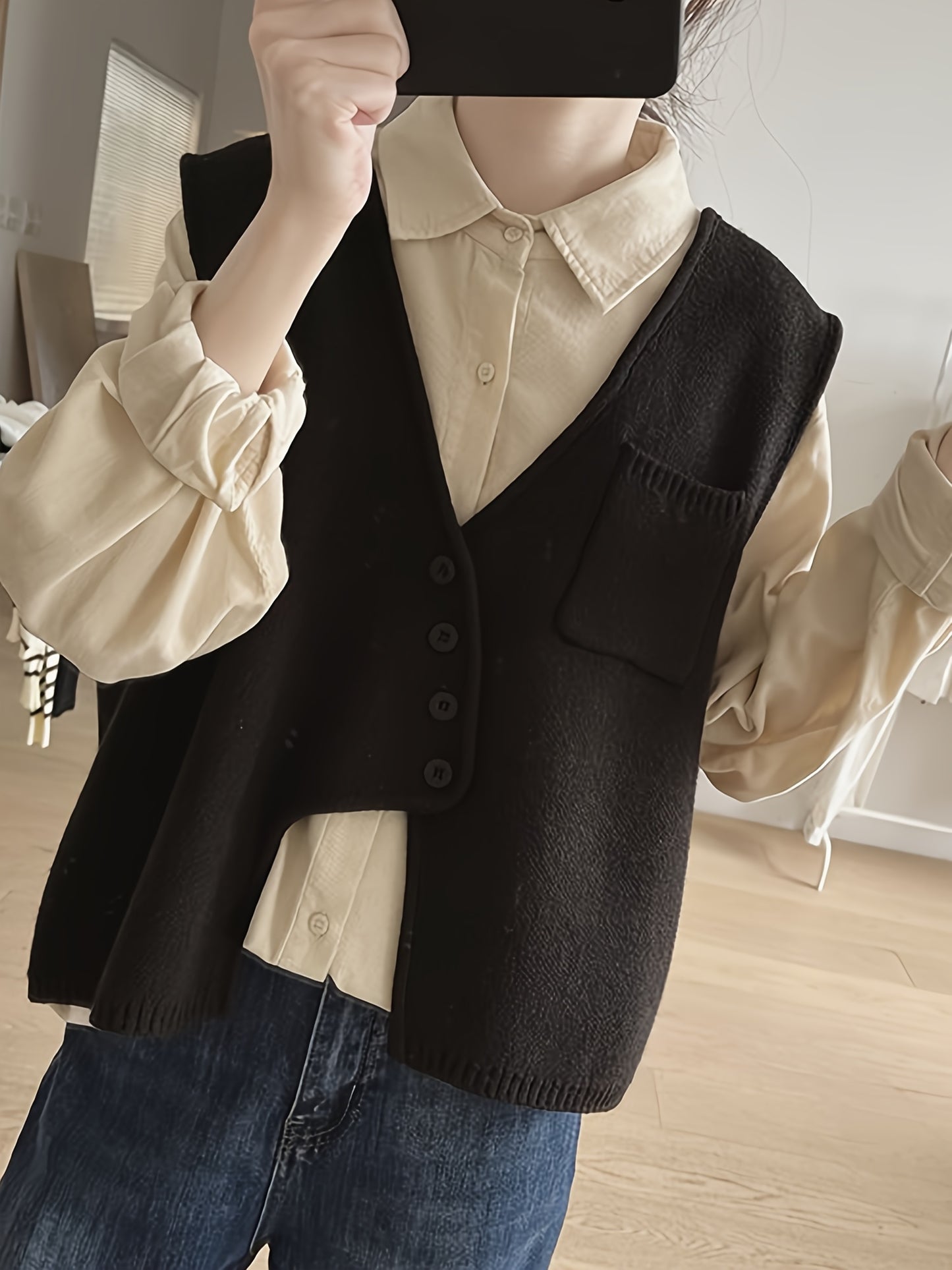 gbolsos Solid Single Breasted V-neck Vest, Versatile Sleeveless Knitted Top For Spring & Fall, Women's Clothing