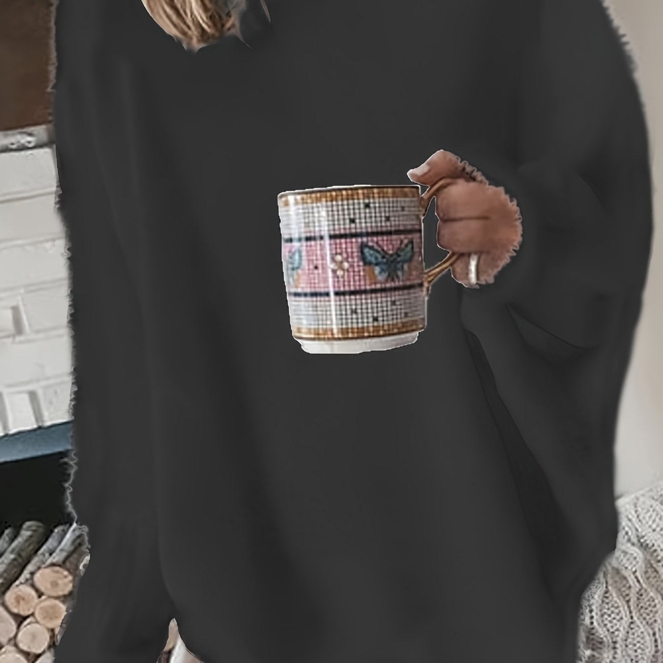 gbolsos Plus Size Casual Sweater, Women's Plus Solid Fluffy Round Neck Long Sleeve Sweater