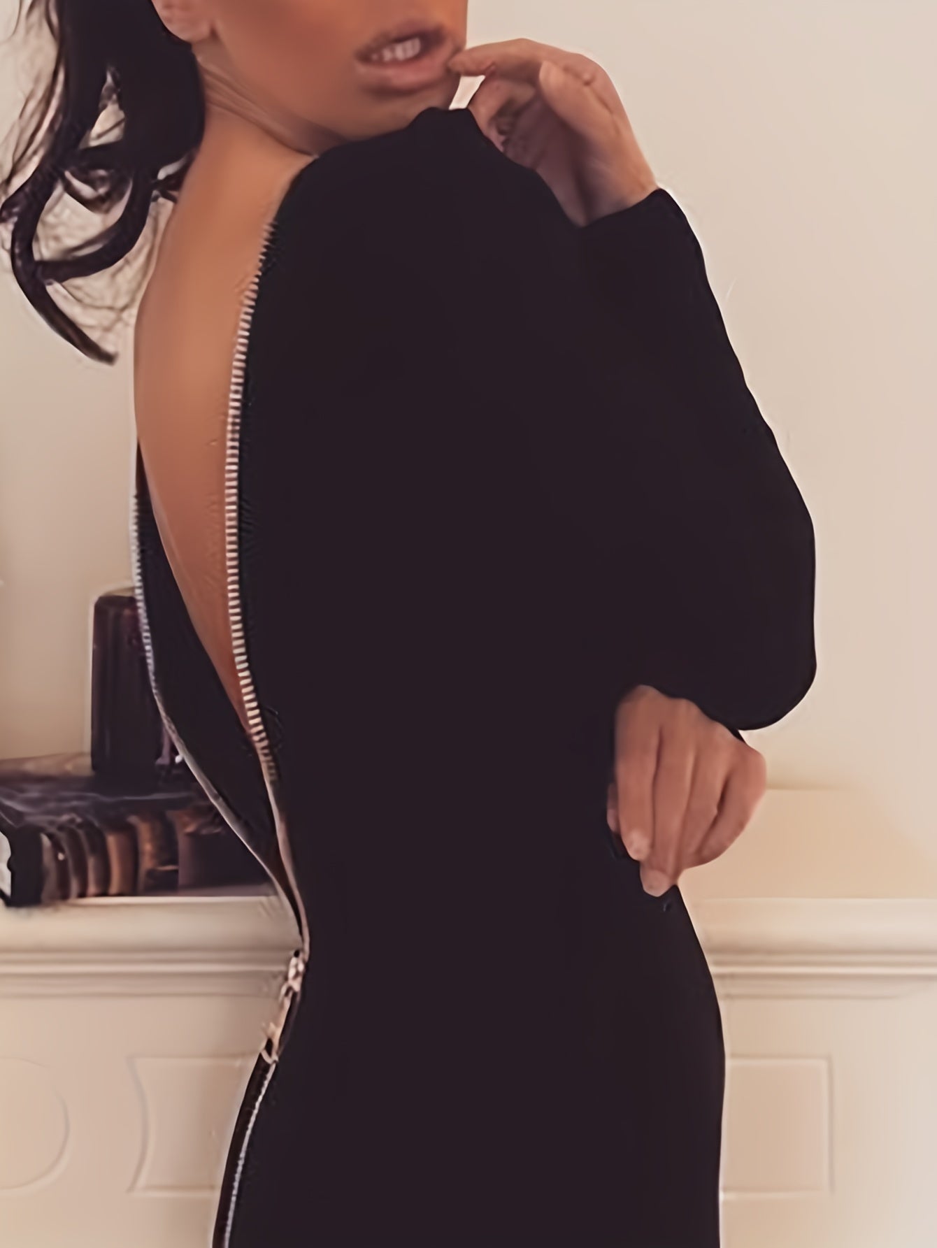 Solid Zipper Back Bodycon Dress, Elegant Long Sleeve Split Dress For Spring & Fall, Women's Clothing