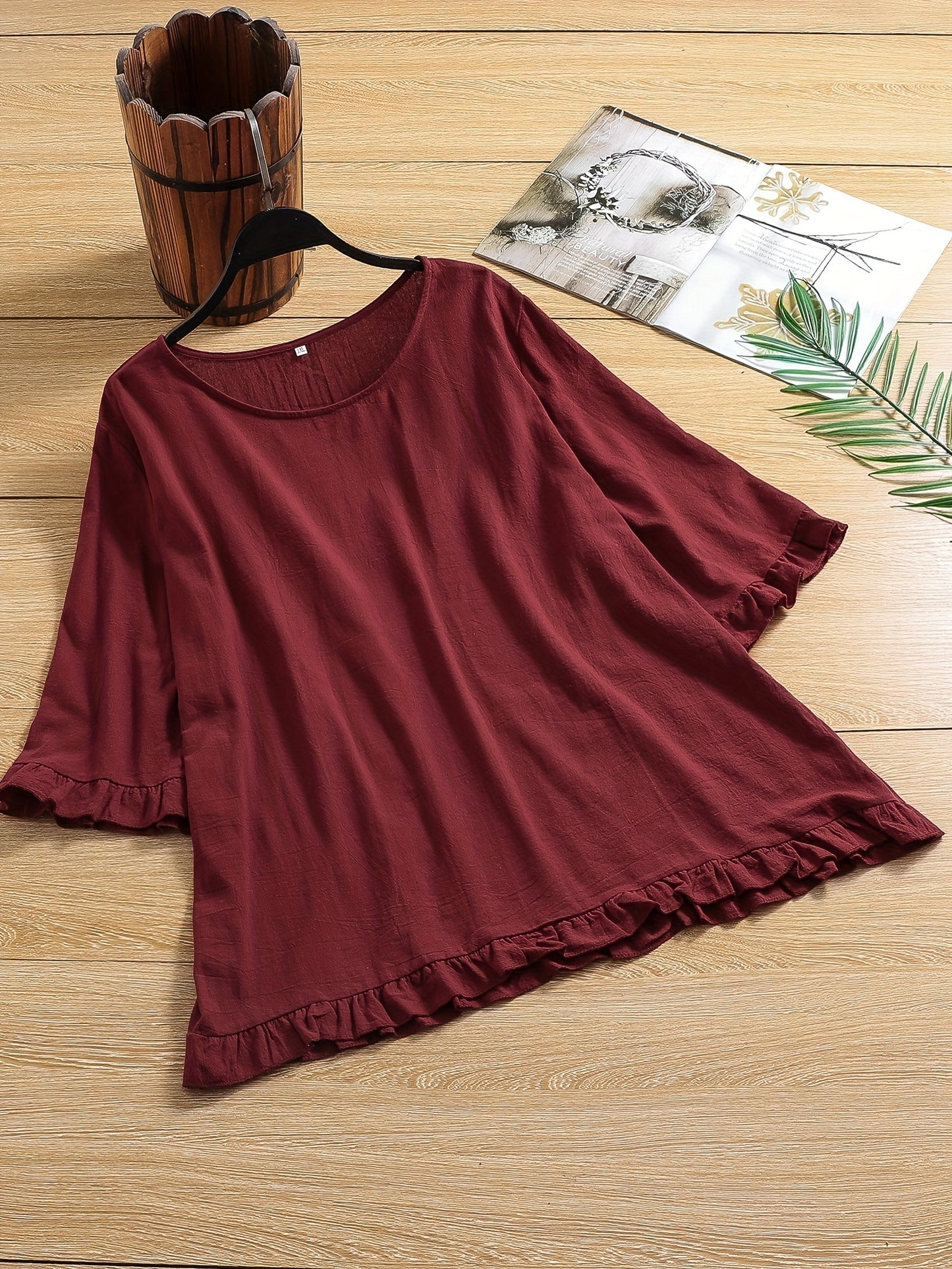 solvbao Plus Size Casual Top, Women's Plus Solid Lettuce Trim Half Sleeve Round Neck Slight Stretch Top